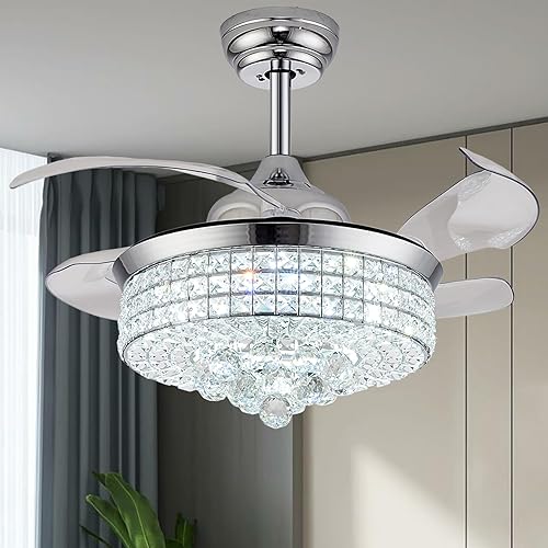 Ventilador de techo de cristal de 42 pulgadas con luces, candelabro, retráctil invisible moderno, ventilador de techo con control remoto para