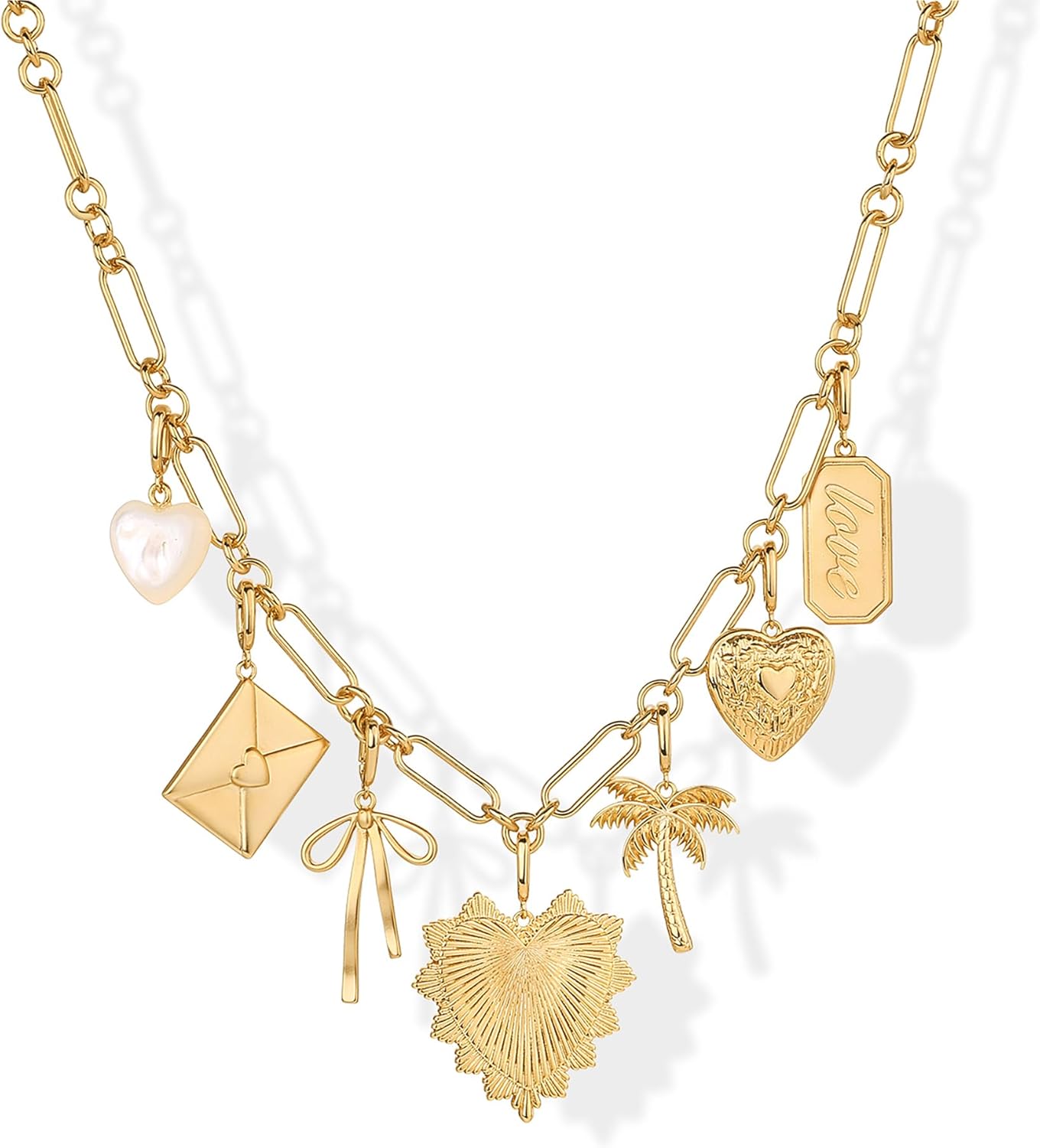 PAVOI 14K Gold Plated Chunky Charm Necklace Pack for Women | Statement Paperclip Chain Necklaces with Removable Charms | Heart Palm Tree Bow Pearl Love Friendship Necklace