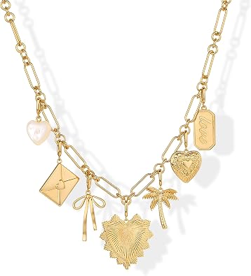 PAVOI 14K Gold Plated Chunky Charm Necklace Pack for Women | Statement Paperclip Chain Necklaces with Removable Charms | Heart Palm Tree Bow Pearl Love Friendship Necklace - Valentines Day Trendy Jewelry
