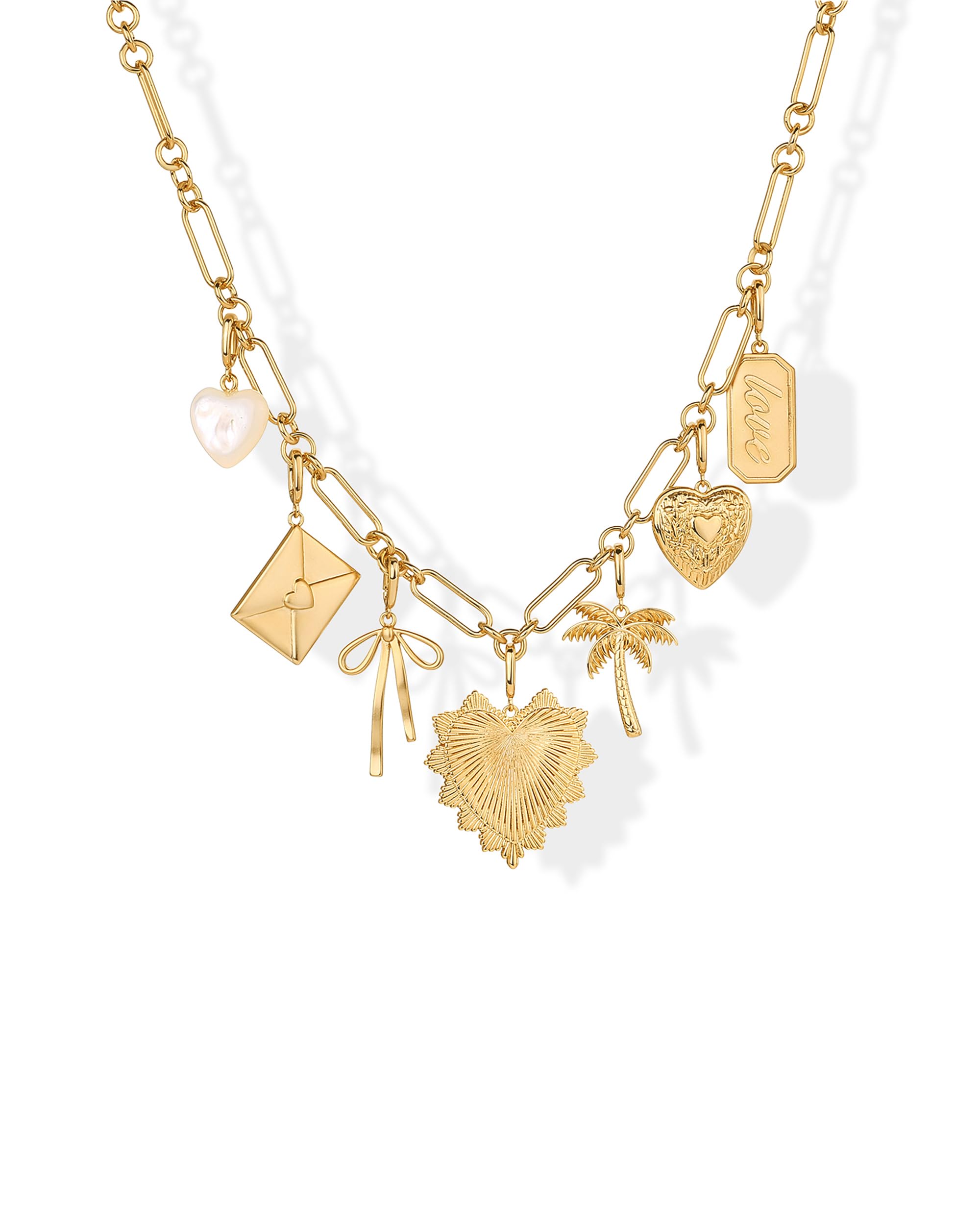 – 14K Gold Plated Chunky Paperclip Chain Necklace Pack for Women, Statement Necklaces with Removable Charms - Heart/Palm Tree/Bow/Pearl, Perfect for Love & Friendship Gifts