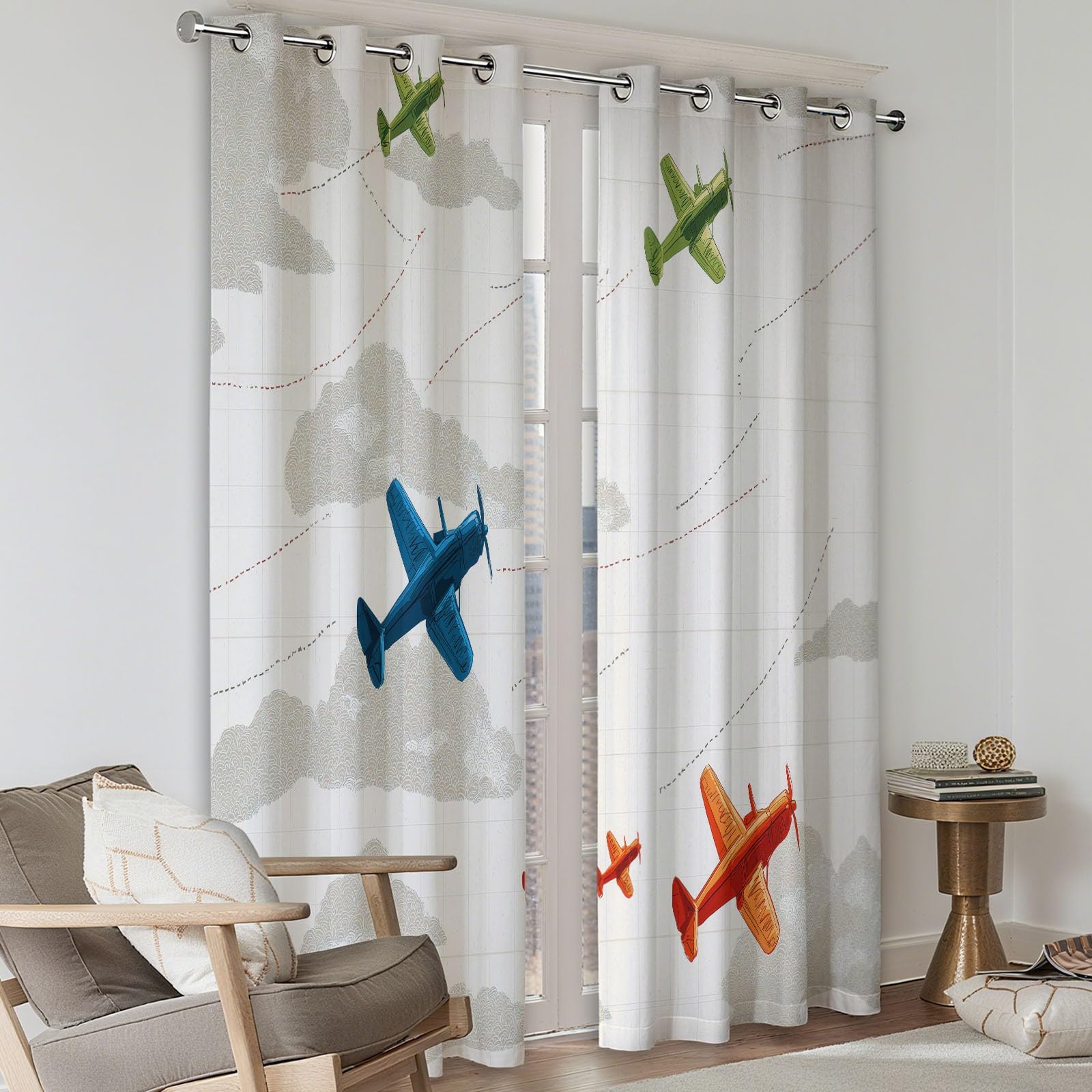 Rideau Occultant Isolants Thermiques À Oeillets Transport Avion Nuages, 110 x 215 cm Lot de 2 Rideaux Thermiques Isolants Anti Froid Imprimé pour Salon Chambre Bebe Enfant, Beige