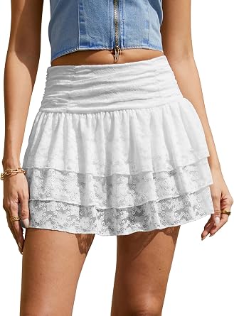 Mini Skirt - Lace Ruffle Y2K Women High Waisted Layered Micro Skort | Built-In Pocket Shorts | Slim Fit | Ruched Waistband | Visually Lengthens Legs | Lightweight & Breathable Fabric