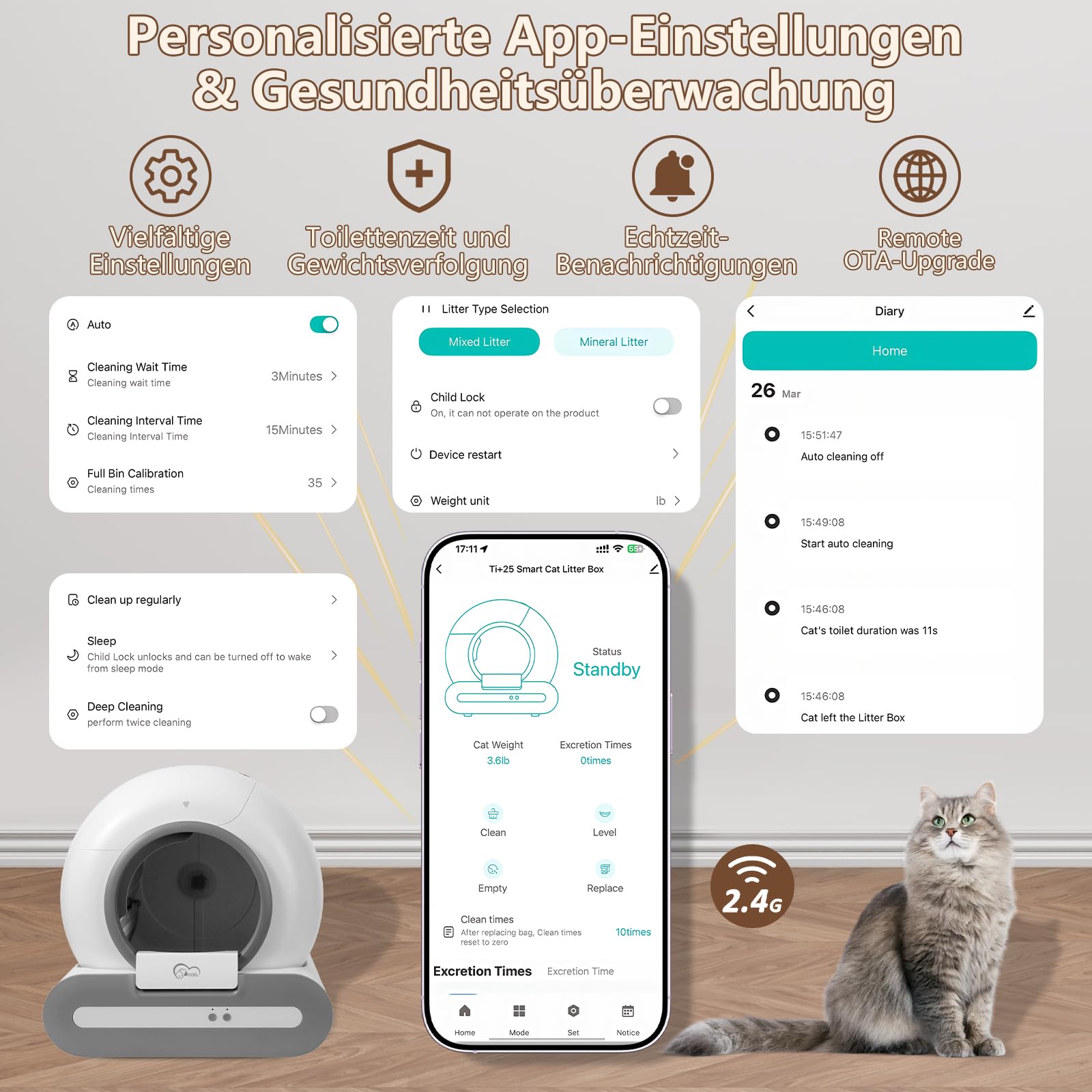 DOEL 2026 Arenero autolimpiable para gatos, 65 L, gran capacidad, protección de seguridad múltiple, caja de arena automática para gatos, control de la salud, para varios gatos con base de
