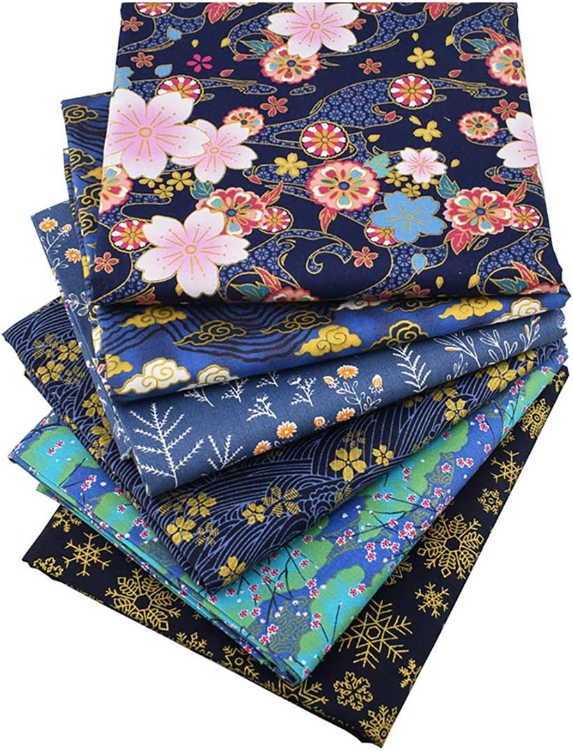 Queenbox 6PCS Japanese Printed Fabric, 15.7x19.6" Furoshiki Cloth, Traditional Sakura Printed Waves Cotton Sewing Fabric for Kimono Cheongsam Bag DIY Quilting