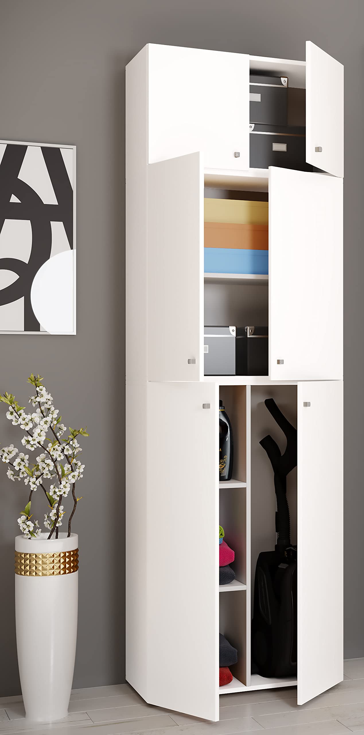 VCM Holz Besenschrank | 6 Fächer | Maße: H. 223 x B. 70 x T. 39 cm | Haushaltsschrank | Mehrzweckschrank | Aufsatz mit Zwei Türen - Lona