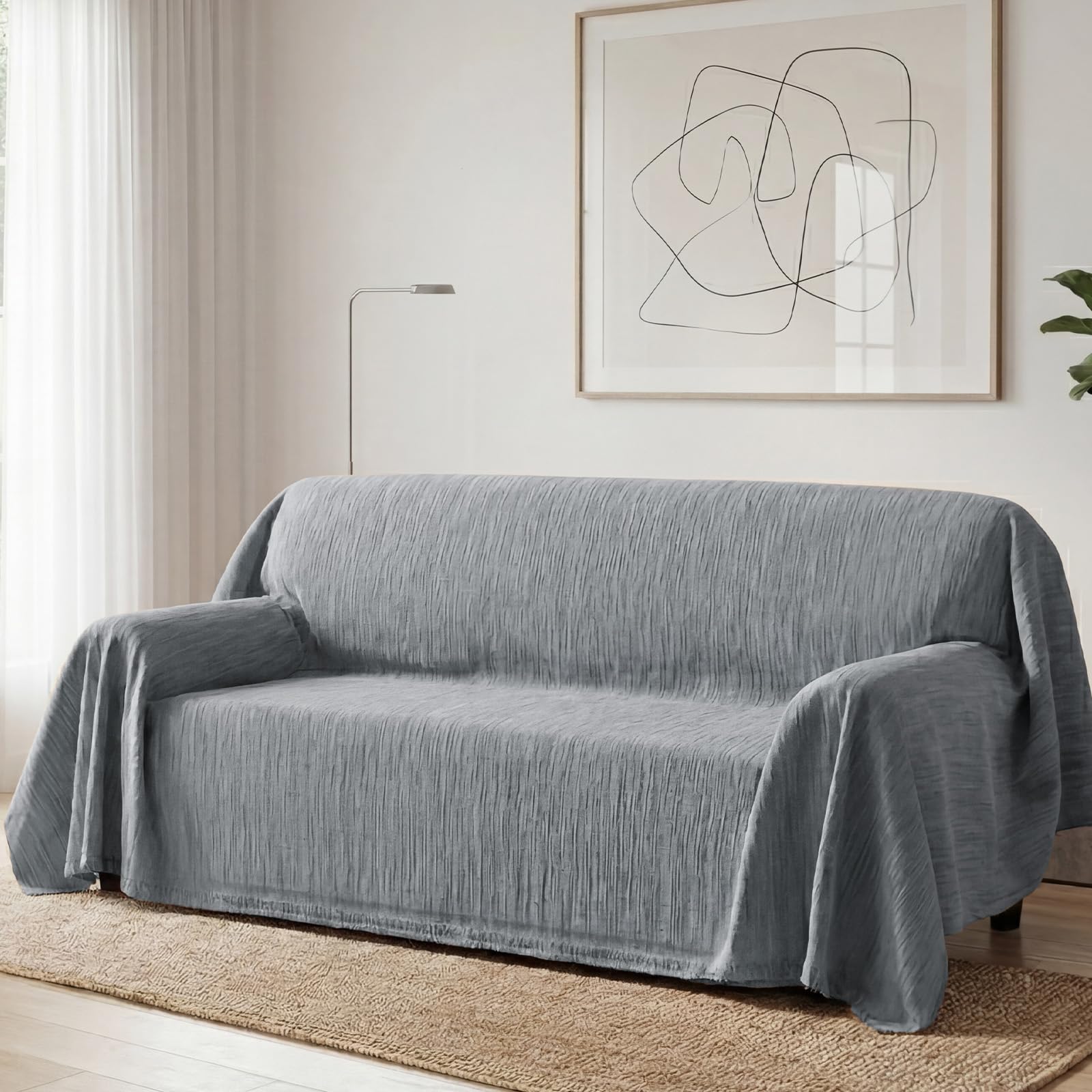 Bellahills Texture Grey Sofa Cover 3 Seater Chenille Sofa Covers 2 Seater Armchair Covers L Shape Sofa Slipcover Non-Slip Couch Covers With Tassel Sofa Protector For Sectional Sofa, 180X300cm,