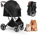 Pet Stroller for Small/Medium Dogs & Cats Up to 50 lbs,4 Wheels Foldable Pet Stroller with Reversible Handle, Removable Pad, Cup Holder and Storage Basket (Black)