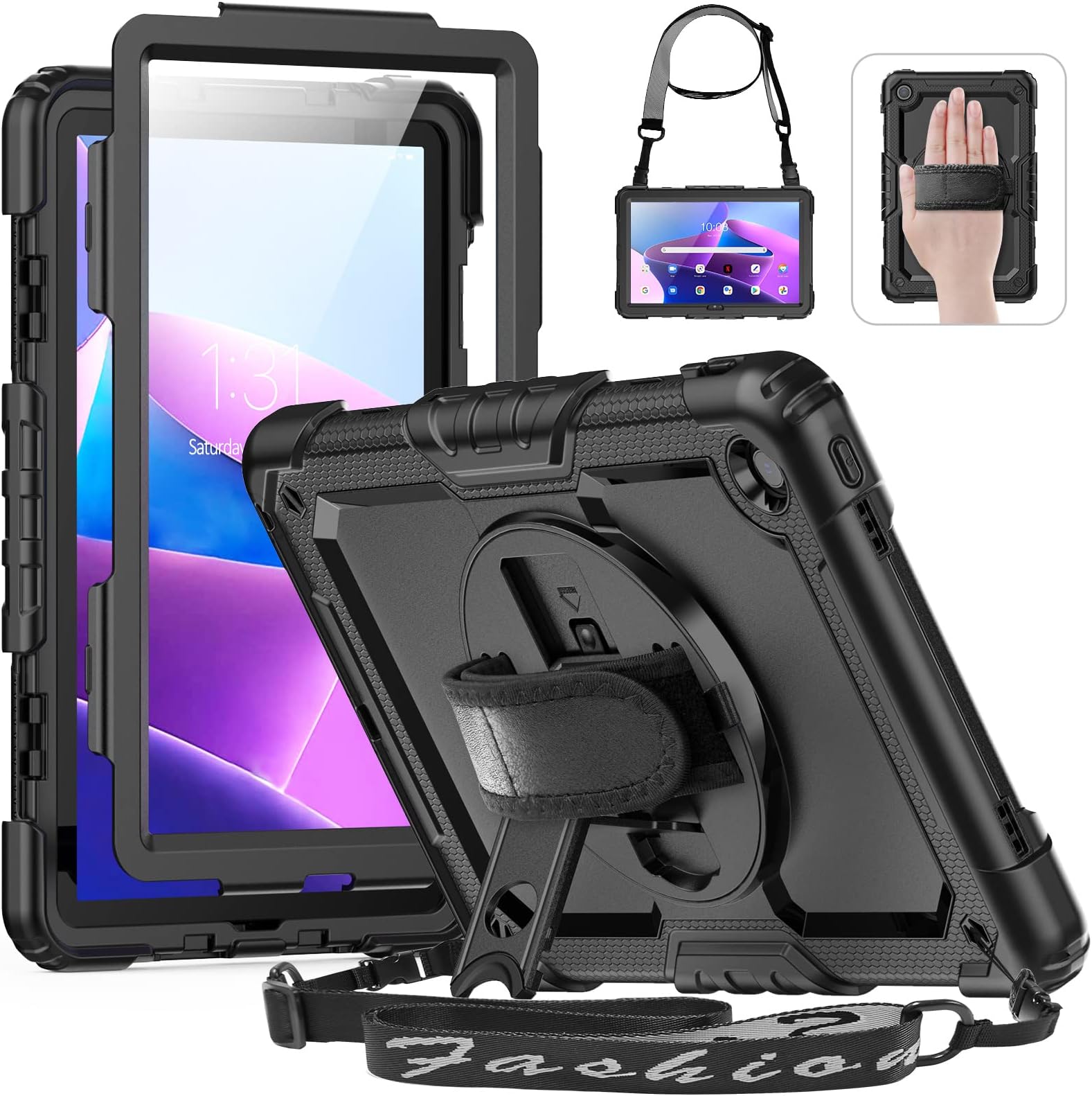 Case for Lenovo Tab M10 Plus 3rd Gen Case 10.6 Inch, Protective with Screen Protector/Rotating Hand Strap, M10 Plus FHD Tablet (TB-125FU TB-128FU TB-128XU) Cover 2022, Black
