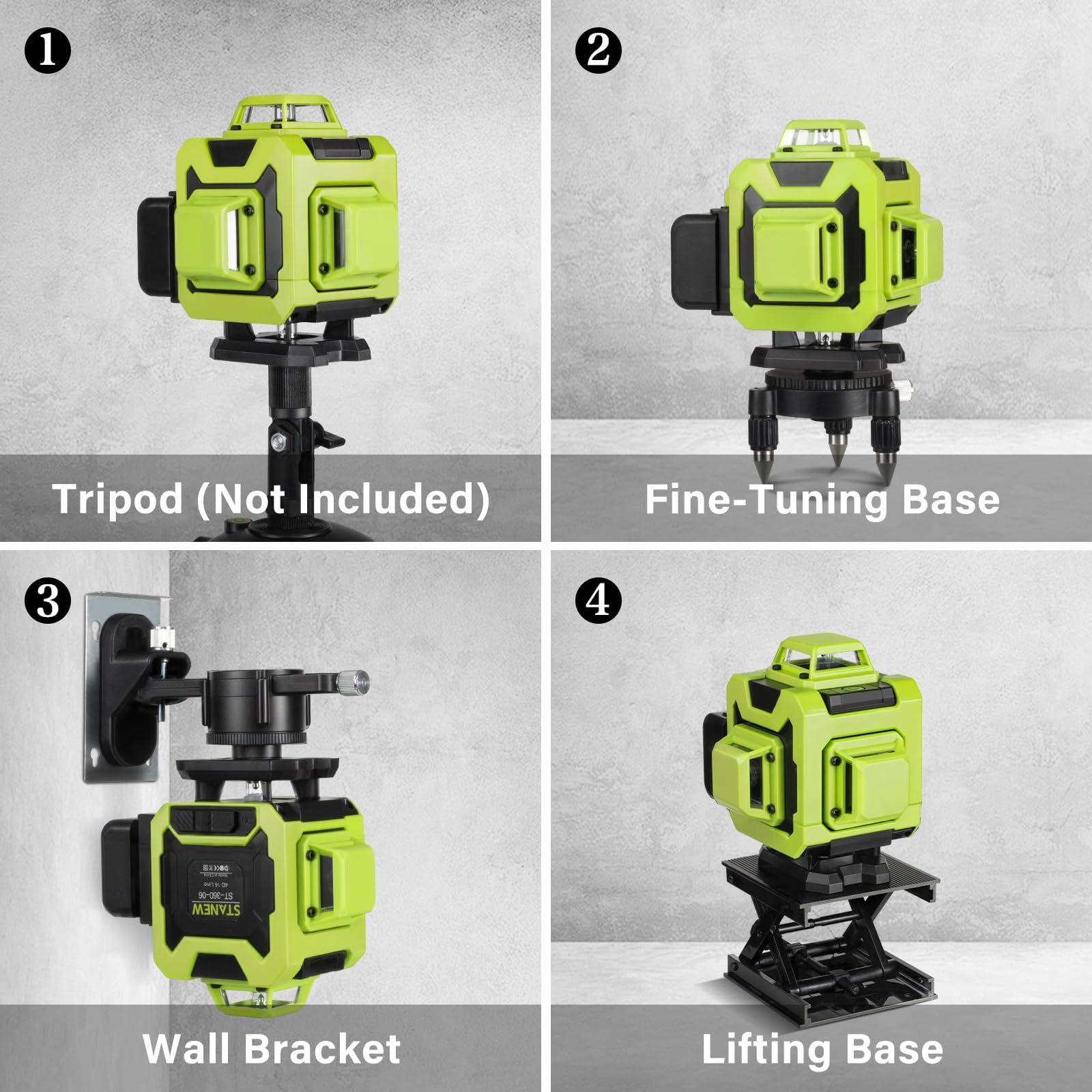 STANEW Nivel Láser Autonivelante 360 Grados, Nivel Láser Verde 16 Líneas, 2 x 360 Horizontal y 2 x 360 Verticales, 2 x Batería, Montaje en Pared, Control Remoto, Base Magnética,Incluye Trípode
