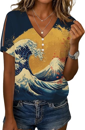 Womens Short Sleeve V Neck T-Shirt Japanese Art Style Pine Tree Print Shirts Loose Casual Cold Shoulder Button Down Boho Blouse Summer Work Vacation Tops,Wave Blue Yellow,XL