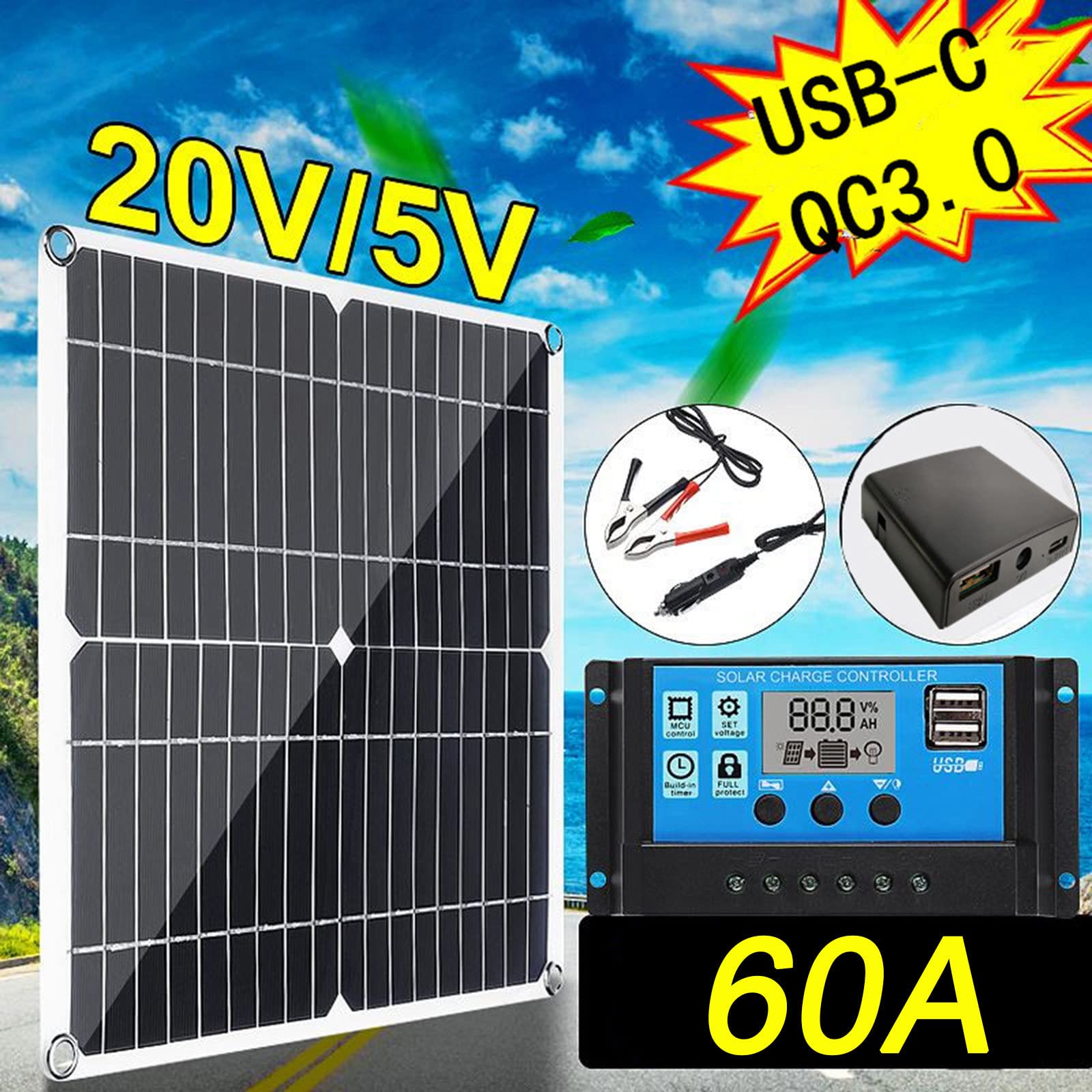 Zestaw Monokrystalicznych Paneli Słonecznych 200W, do Samochodów, Kamperów oraz Łodzi, Przenośny Panel Fotowoltaiczny, z Kontrolerem 10A 20A 30A 40A 50A 60A 70A 80A 90A 100A,60A