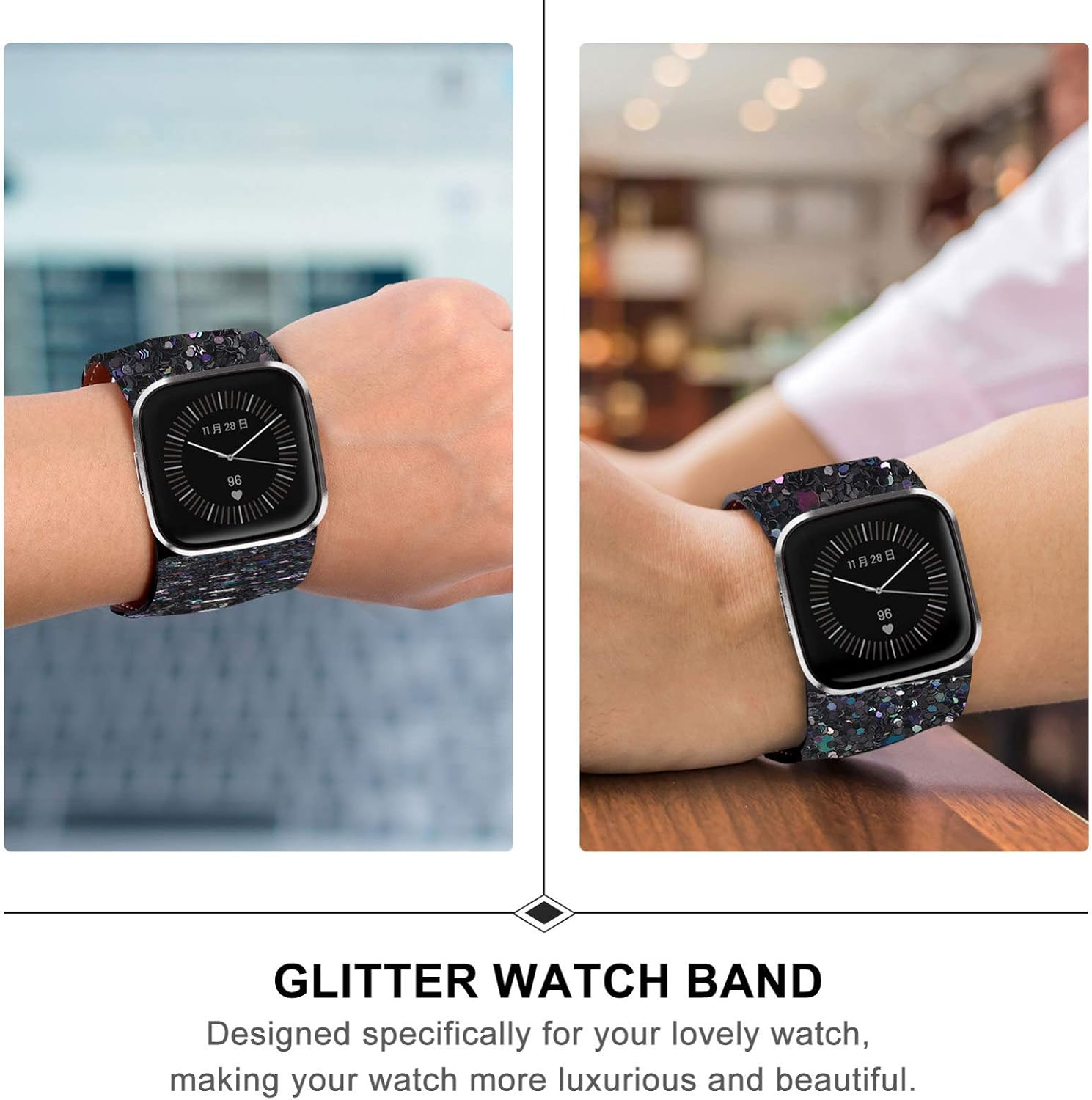 Watch Straps- Delicate Watch Strap, Glitter Strap, Holder, Parts Compatible with Fitbit/SE/Lite/ 2, Black, 13x2.5 cm - Image 4