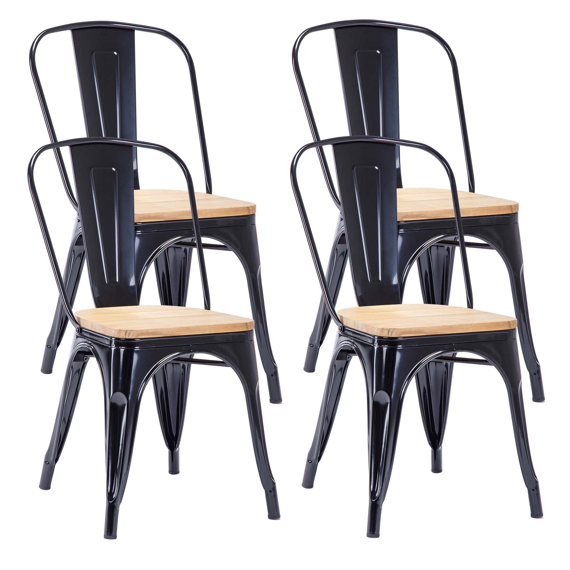Duhome Sillas de Comedor Juego de 4 Silla Bistrot Industrial de Metal Hierro con Respaldo Estilo Vintage Taburete para Cocina Bar Café Restaurante, Negro y Madera