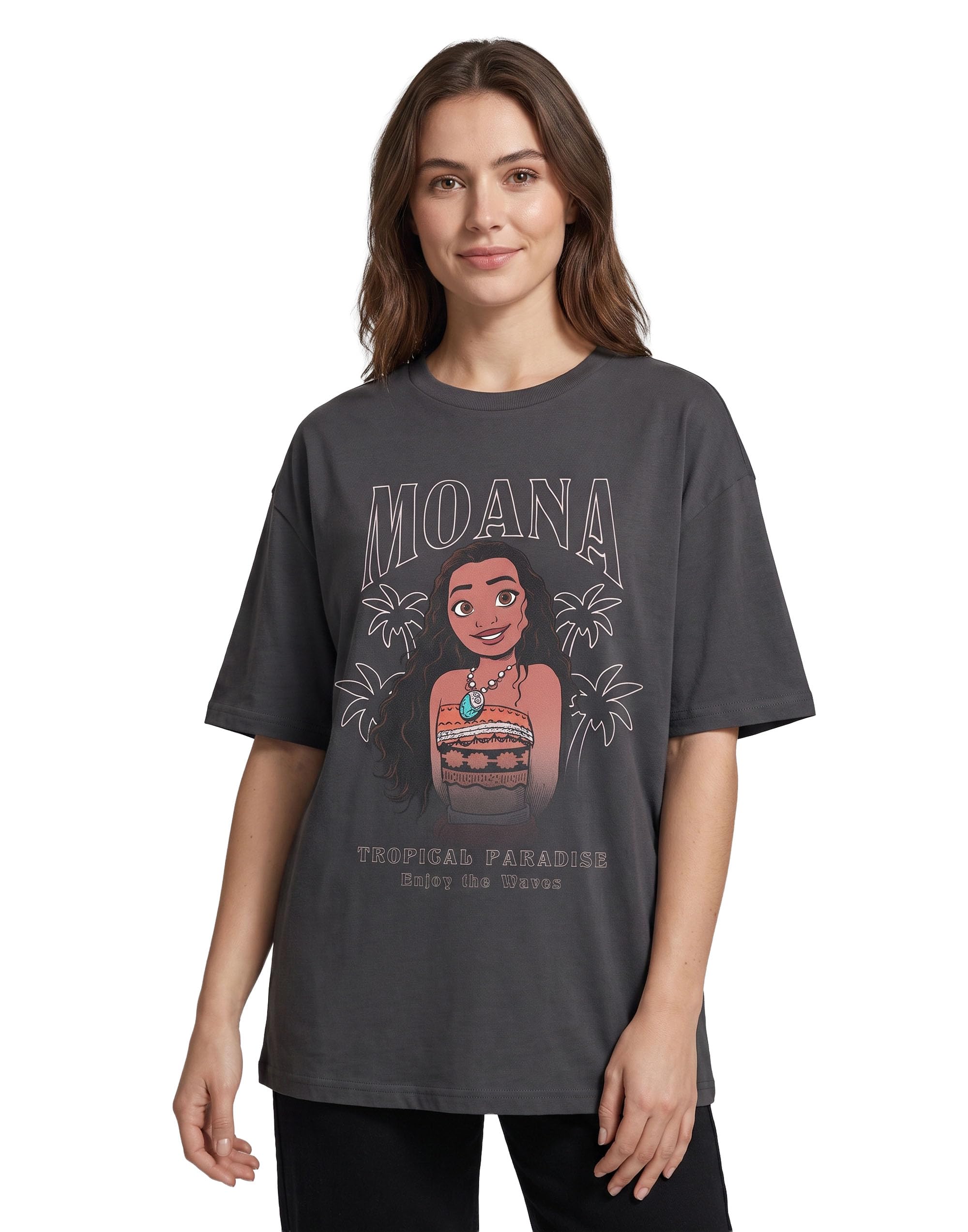 Disney Women's Charcoal Moana Dark Grey Graphic Tee | Crew Neck Short Sleeve T-Shirt Featuring 'Moana, Tropical Paradise, Born To Voyage' | Casual Movie Themed Apparel
