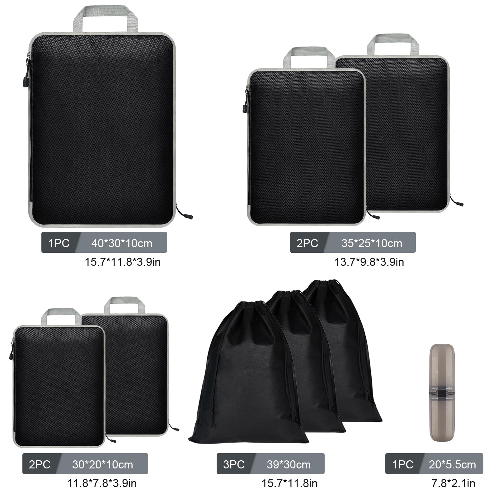 Eucomir Organizer Valigia Set di 9 Cubi da Viaggio, Sacchetti di Organizzatore Estensibile Salvaspazio, per Deposito per la Casa, Nero