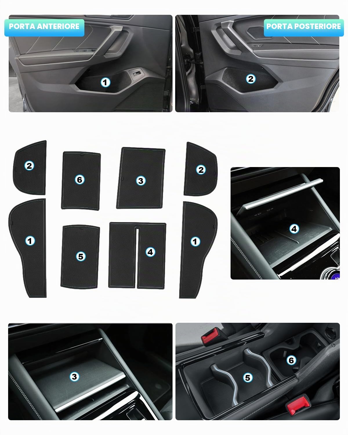 CDEFG Compatibile con VW Tiguan 3 2024 2025 Tappetino Antiscivolo Antipolvere Antigraffio Tappetini in Gomma Console Centrale per Auto Compatibile con Tiguan 2024 Accessori (Nero)