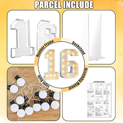 Miniatura 7 de Marco de números luminosos de marquesina de 16 pies para fiesta de cumpleaños de 16 años, cartón grande con bombillas precortadas, kit gigante de