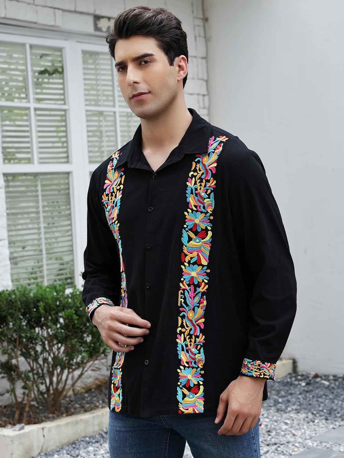 Mexican Shirts for Men Guayabera Cinco De Mayo Fiesta Traditional Embroidered Collared Button Up Long Sleeve - Image 3
