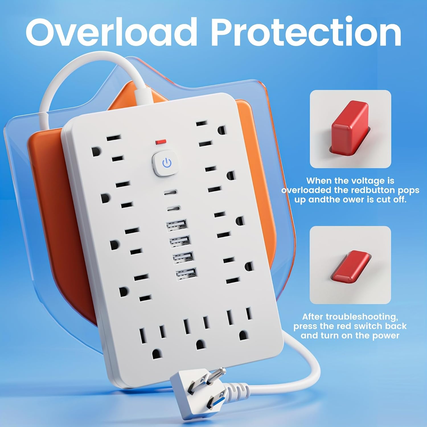 Surge Protector Power Strip,17-in-1, 11 AC Outlets with 4 USB & 2 Type-C Ports, 12-Inch Cord, White, This Compact Powerhouse Delivers Comprehensive Charging Solutions for All Your Devices.