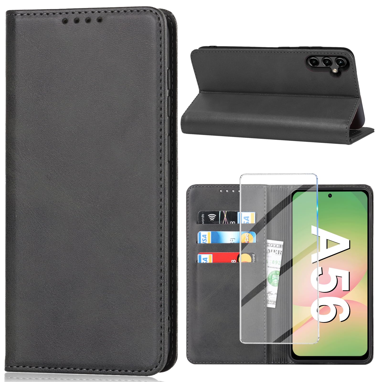 Vaki für Samsung Galaxy A56 5G Hülle mit Schutzfolie, Handyhülle Galaxy A56 5G PU Leder Wallet Kartenfach Klapphülle, Schutzhülle für Samsung A56 5G Flip Case Cover Coqu Tasche Handyschutz (Schwarz)
