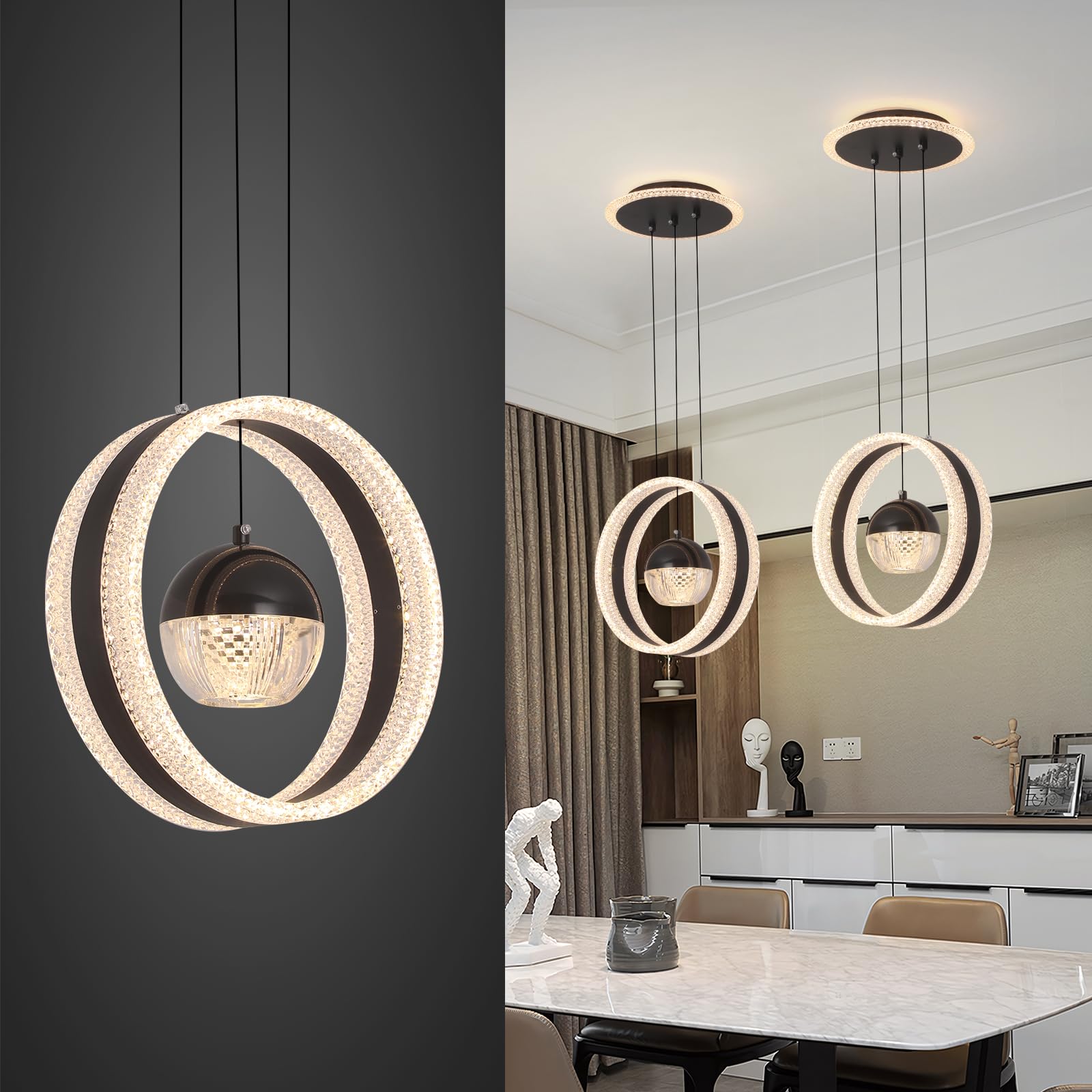YATAI - Modern LED Chandelier, Black Round Pendant Light, Adjustable Height Hanging Fixture for Dining Table Area Bedroom, Kitchen, Coverage Area 8-13㎡,48W