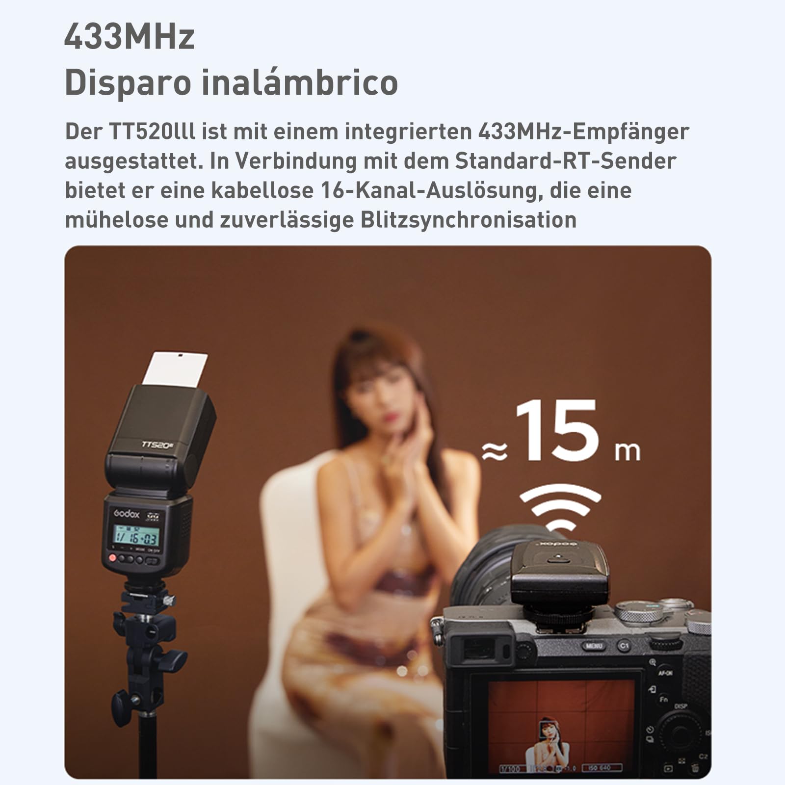 GODOX TT520III Kamerablitz Speedlite mit RT-16 Werfer, 433MHz Wireless Flash GN33 S1/S2 Optische Steuerung, Single Contact Hot Shoe Design, Batteriebetrieb, Kompatibel für Kameras