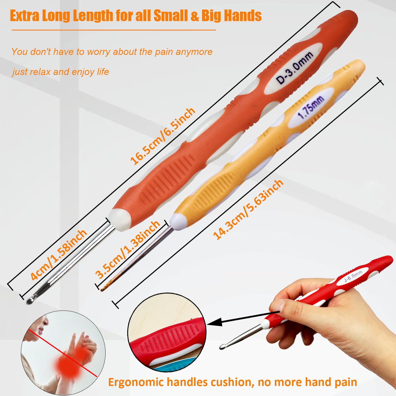Mdoker Juego de agujas de ganchillo ergonómicas de 18 tamaños con funda, ganchos de ganchillo de 0,8 mm a 6 mm para manos artríticas, agujas de ganchillo para principiantes, regalo del día de la