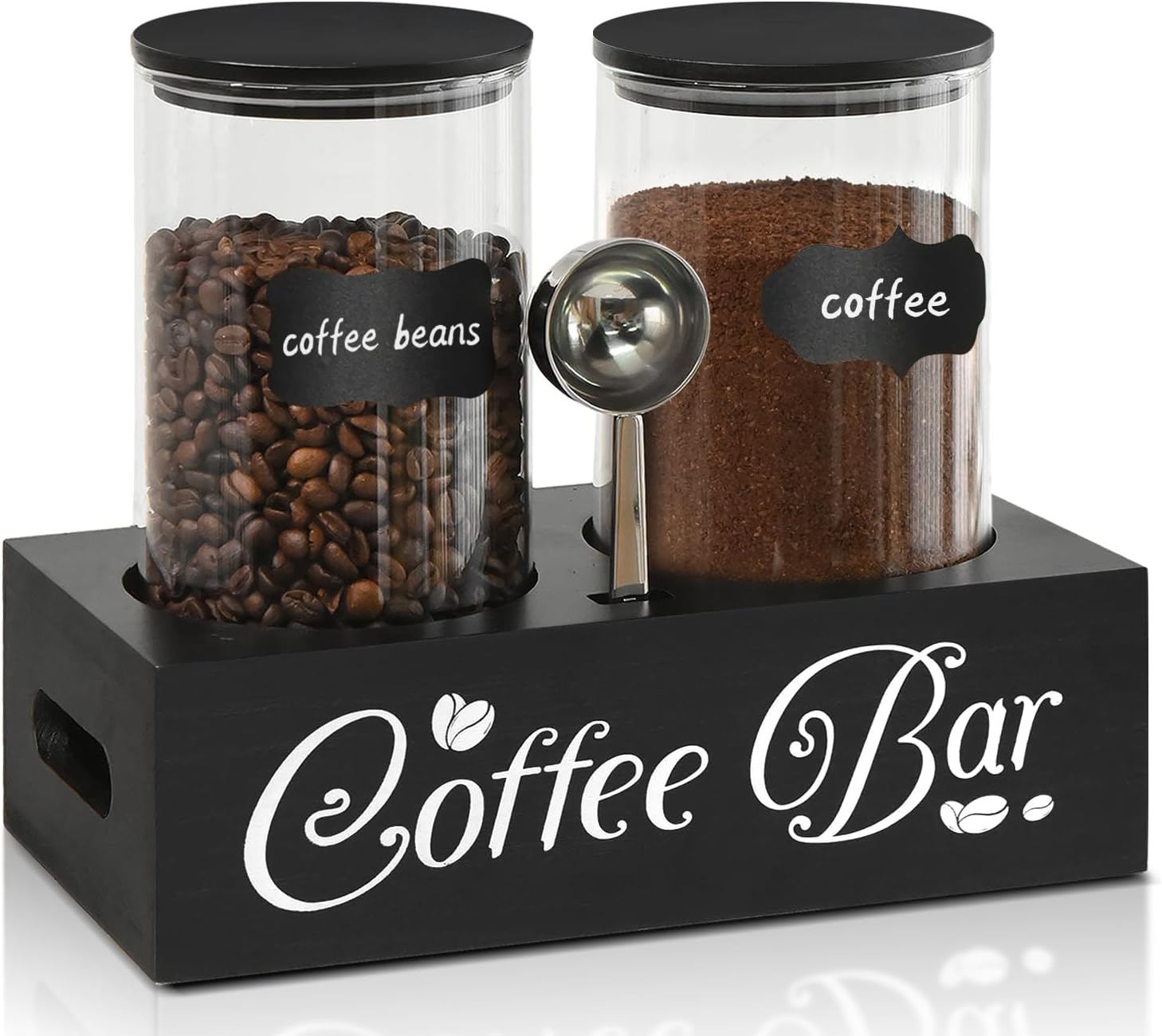 Glass Coffee Canister for Ground Coffee, Coffee Bean Canister with Airtight Lid, Coffee Cnister with Shelf, Coffee Bar Decor Coffee Station Organizer, Food Storage Jar Set for Sugar Ground Coffee