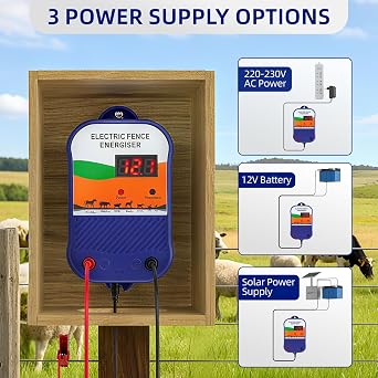 Electric Fence Energizer, 1.5J Output, 10km Range, IP65 Waterproof, Multiple Power Options (Mains/Battery/Solar) for Farms, Livestock, and Horses