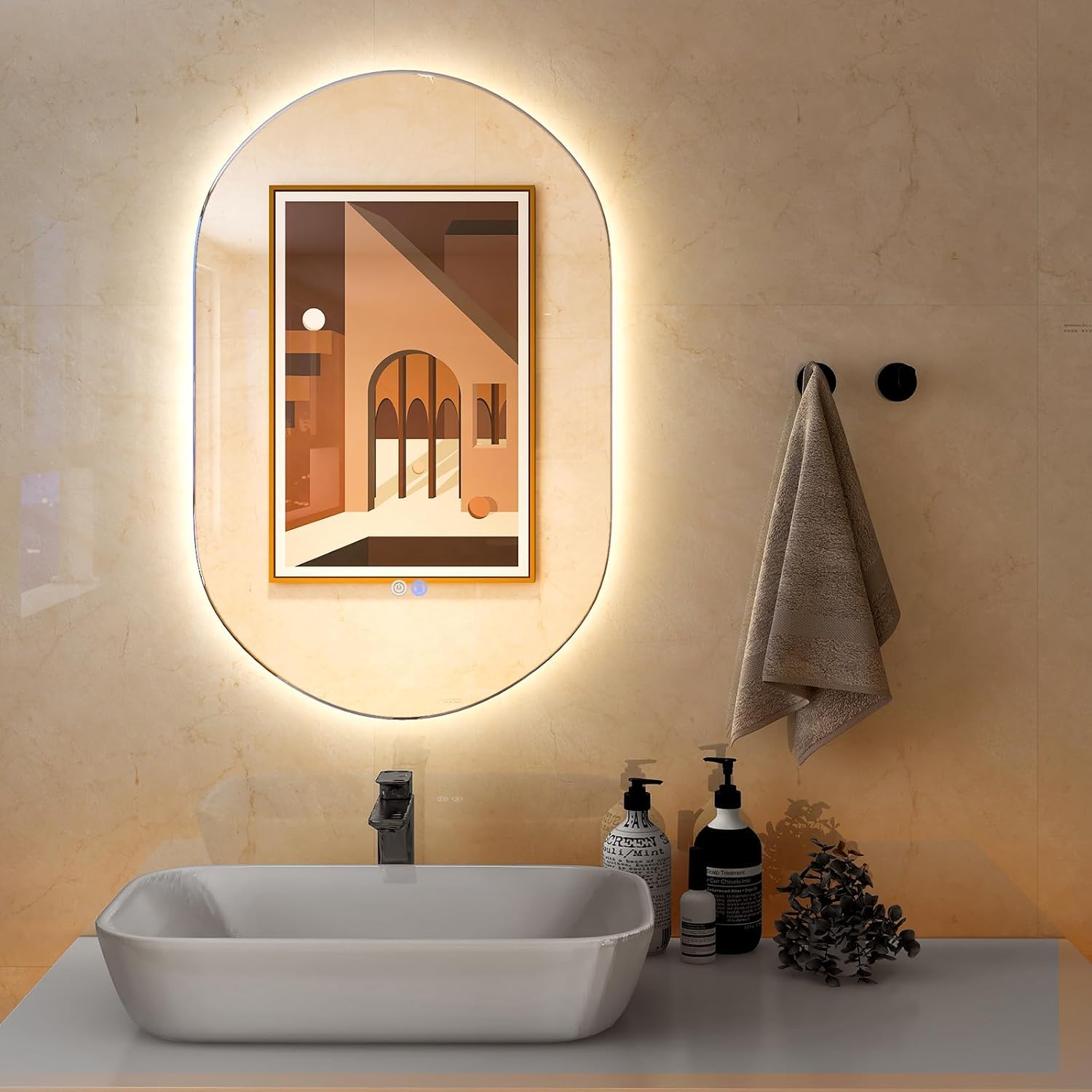 RELAX4LIFE Espejo de Baño 80x50 cm con Botón Táctil y Función Antivaho, Espejo con Luz LED de 3 Colores, Brillo Ajustable y Película a Prueba de Explosiones, Espejo sin Marco (Redondo)