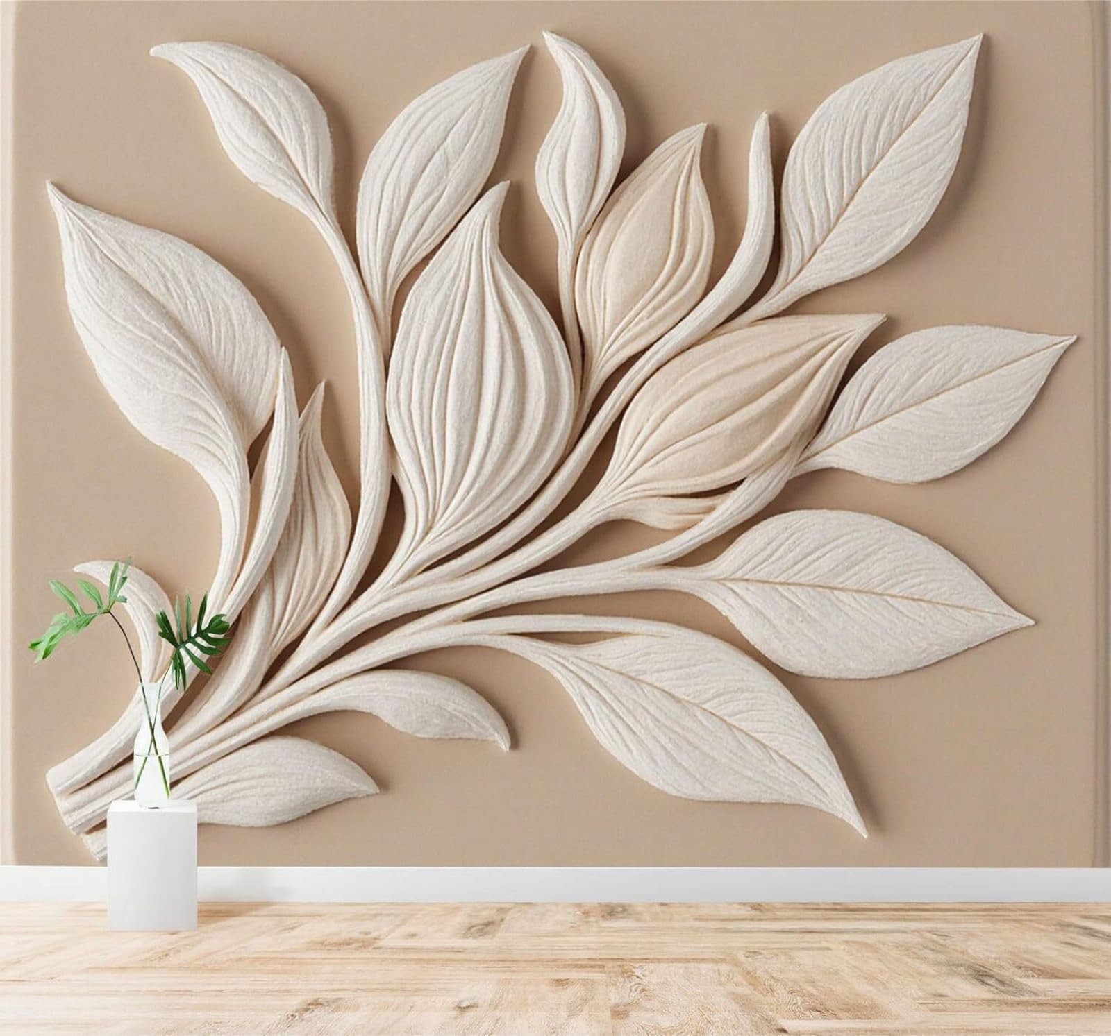 XLMING Relief Elegance Beige Leaves Minimalist Plants 3D Wallpaper Silky Texture Home Study Office Grey Dining Room Sofa Bedroom Living Room TV Backdrop-350cm×256cm