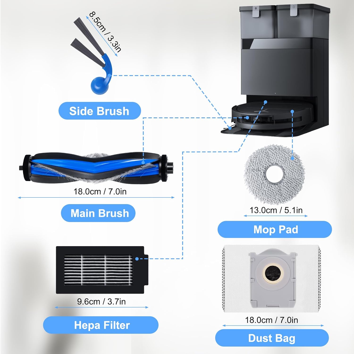18 pieces of accessories for Ecovacs Deebot T30C Omni robot vacuum cleaner spare parts, 1 roller brush, 4 HEPA filters, 4 wipes, 4 dust bags, 4 side brushes, 1 cleaning brush