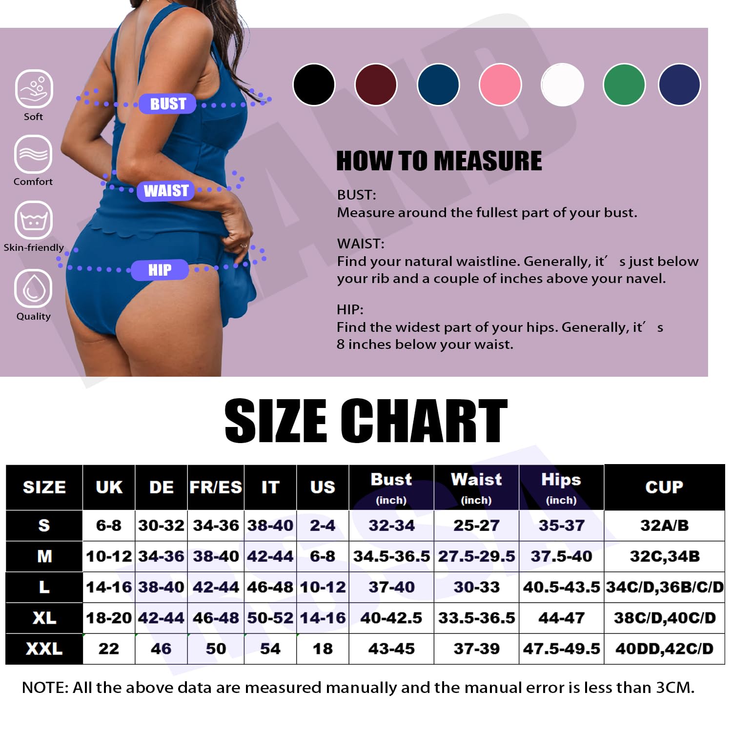 Rayson Tankini Maillot de Bain Femme Bord Festonné Col en U Maillot de Bain Jupette 2 Pieces avec Bas de Maillot Grande Taille Rembourré Push Up Tankinis Ensemble