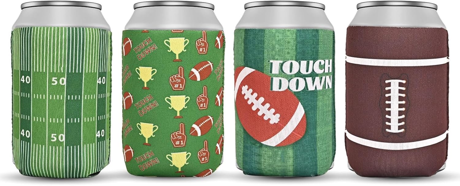 Football Can Cooler Sleeves 4 Pack, Insulated Neoprene Beer Can Cooler for 12oz Standard and 16oz Tall Cans, Reusable Drink Sleeves for Game Day, Tailgate, Party Favors
