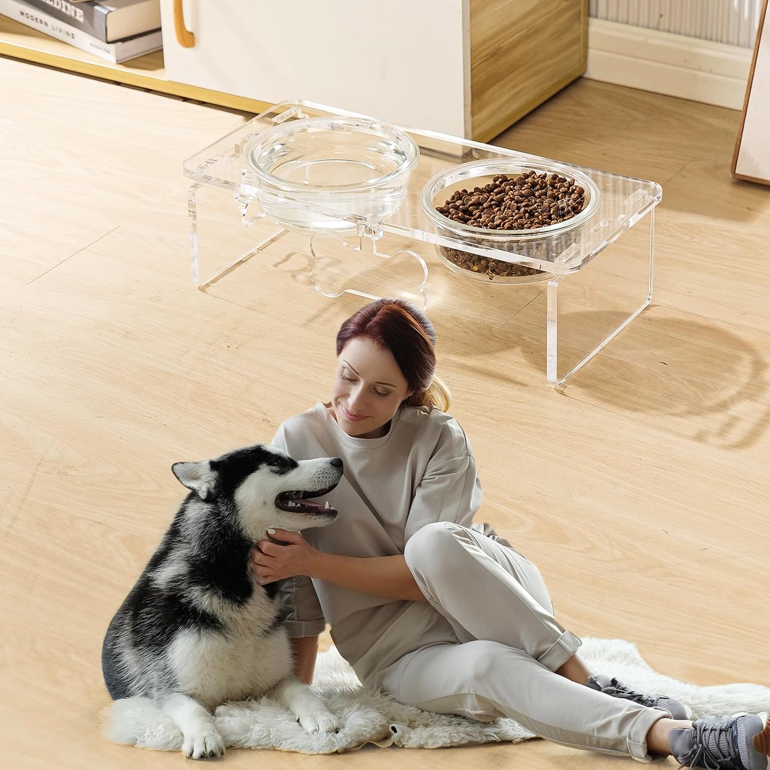 Clear Acrylic Elevated Dog Bowls with Writable Name Signs - 2×32oz Thick Glass & 2×Stainless Steel Bowls, 5.5" Height Raised Pet Feeder Stand, Food and Water Bowl Set for Medium Dogs