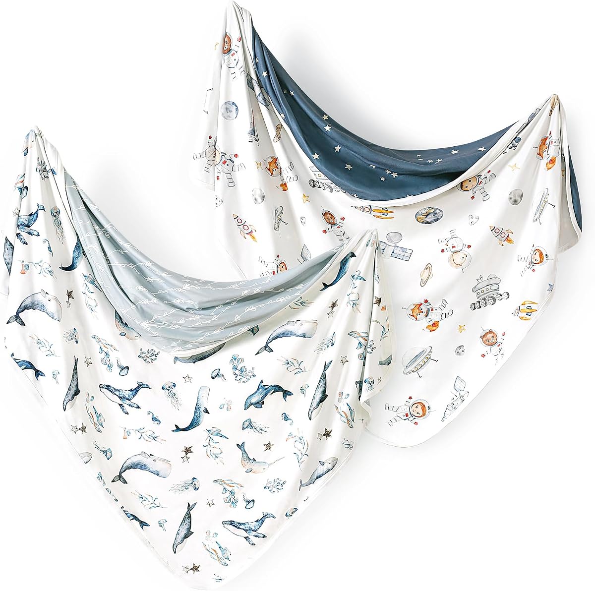 Reversible Baby Swaddle Blankets 2 Pack, Super Soft Jersey Knit Baby Quilt Blanket for Baby Boys, Stretchy Breathable Receiving Blankets 34 x 44 Extra Large for Swaddling, Sea Fish & Space