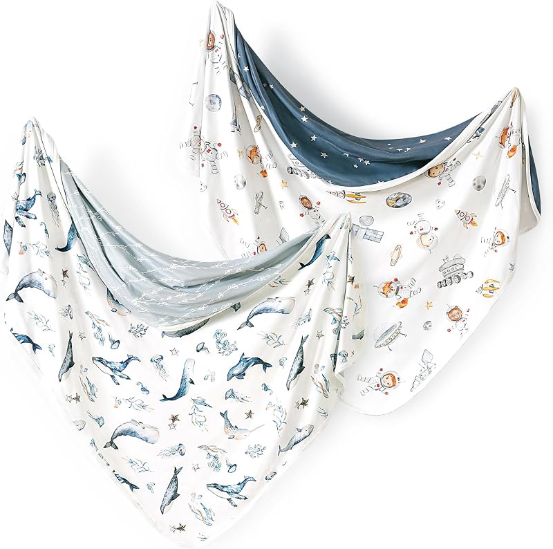Reversible Baby Swaddle Blankets 2 Pack, Super Soft Jersey Knit Baby Quilt Blanket for Baby Boys, Stretchy Breathable Receiving Blankets 34 x 44 Extra Large for Swaddling, Sea Fish & Space