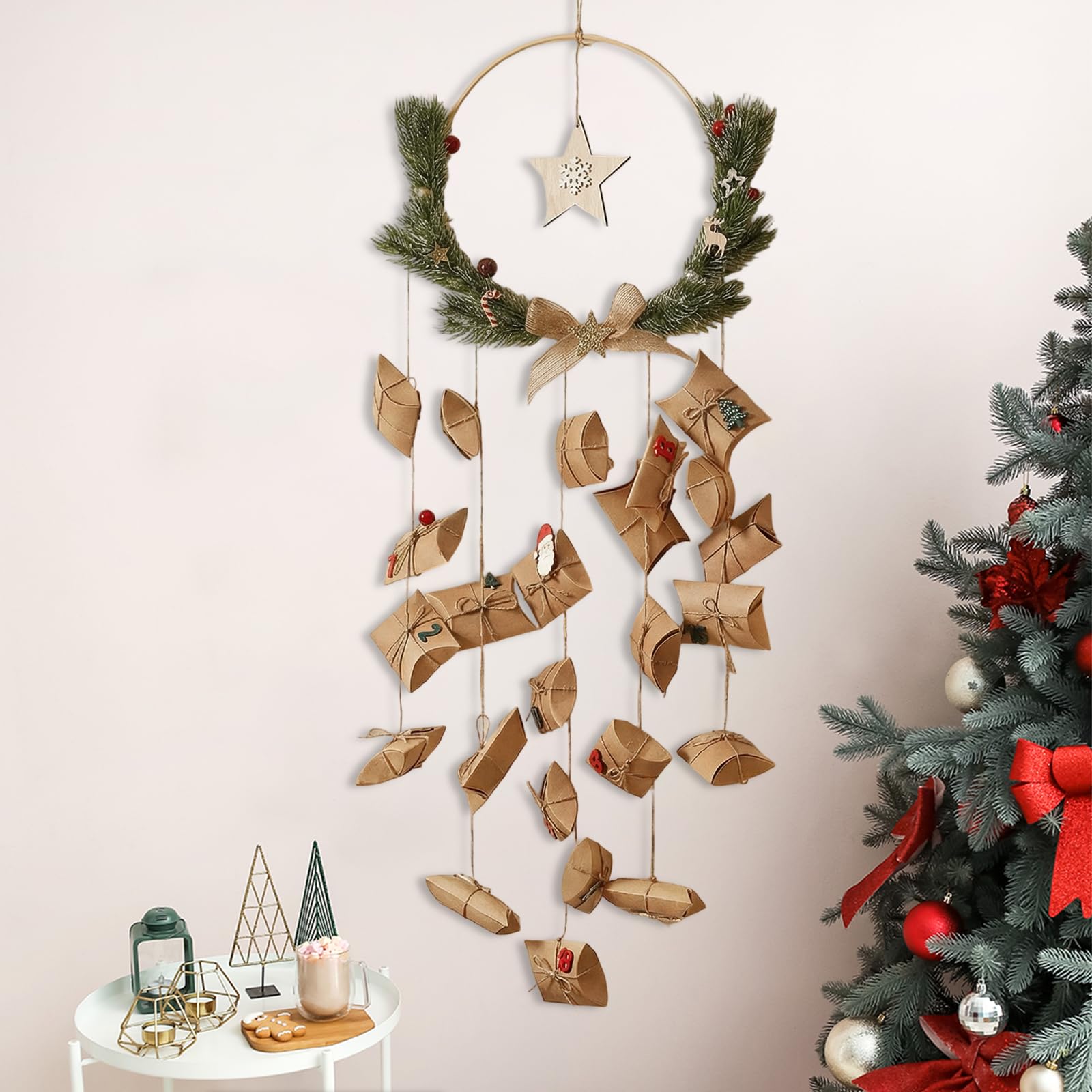 Calendario dell'Avvento natalizio con ghirlanda di Natale e scatole per cuscini in pelle bovina, decorazione natalizia per conto alla rovescia, regali fai da te per la casa e la cameretta dei