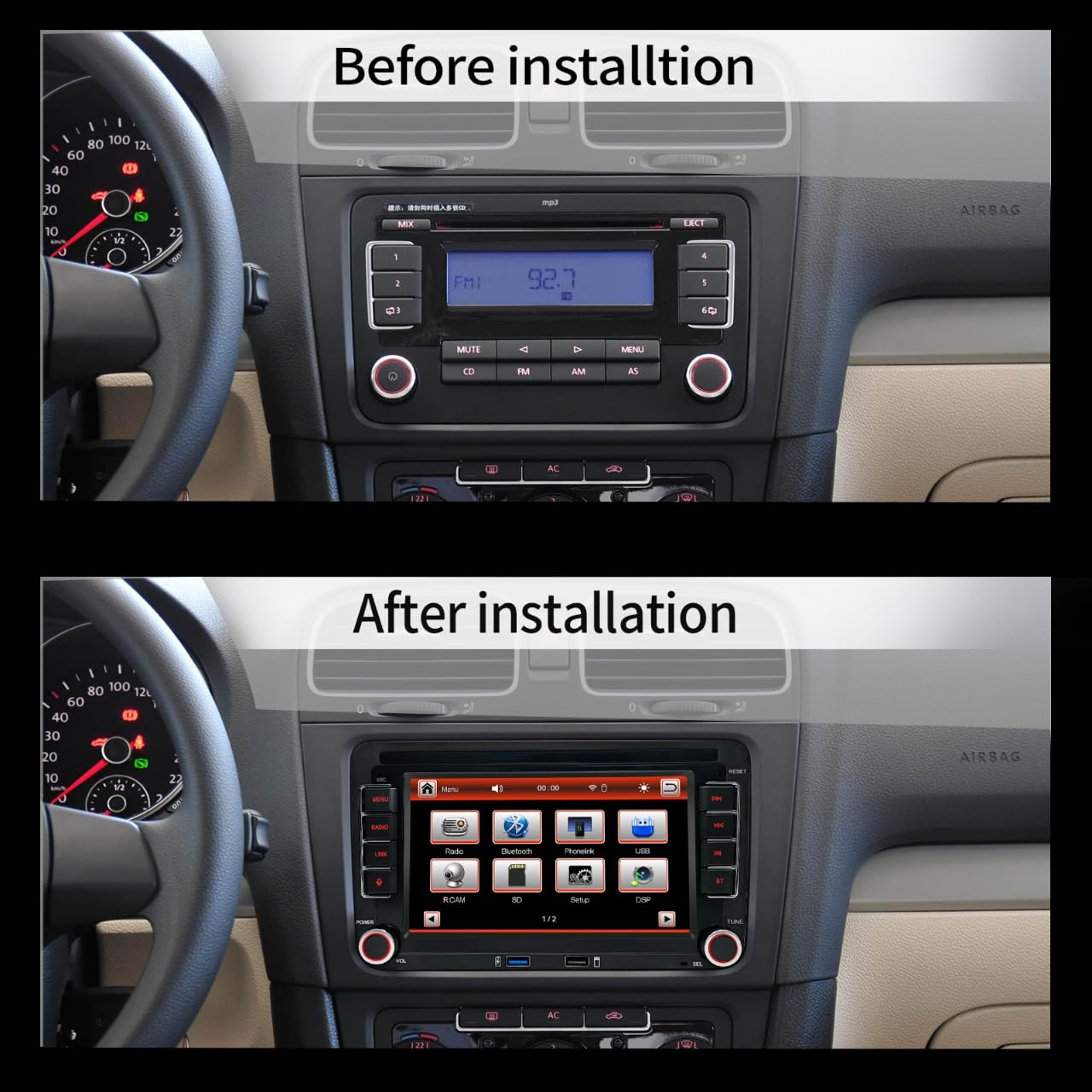 Autoradio per VW Golf R32/Plus/5/6, Passat, Polo T5,Seat, Touran, Skoda, supporto Carplay wireless/cablato e Android Auto, Radio supporto AM/FM/RDS/USB,BT,DSP, autoradio touch screen HD da 7 pollici