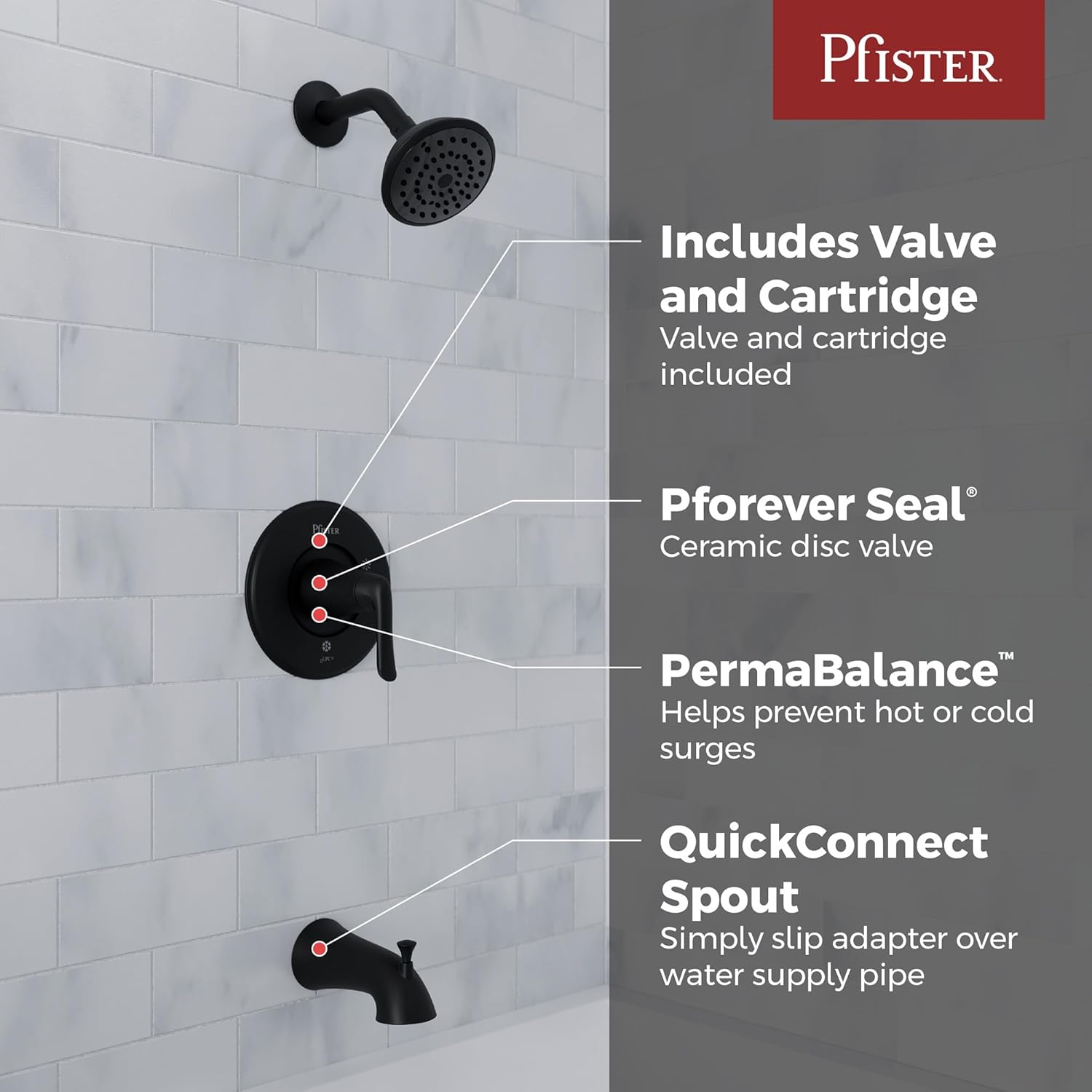Pfister Willa Tub and Shower Trim Kit 1-Handle Pressure-Balanced Valve with Rain Shower Head and Tub Spout Spot Defense Matte Black Finish WaterSense 8P8WS2MALSSDB