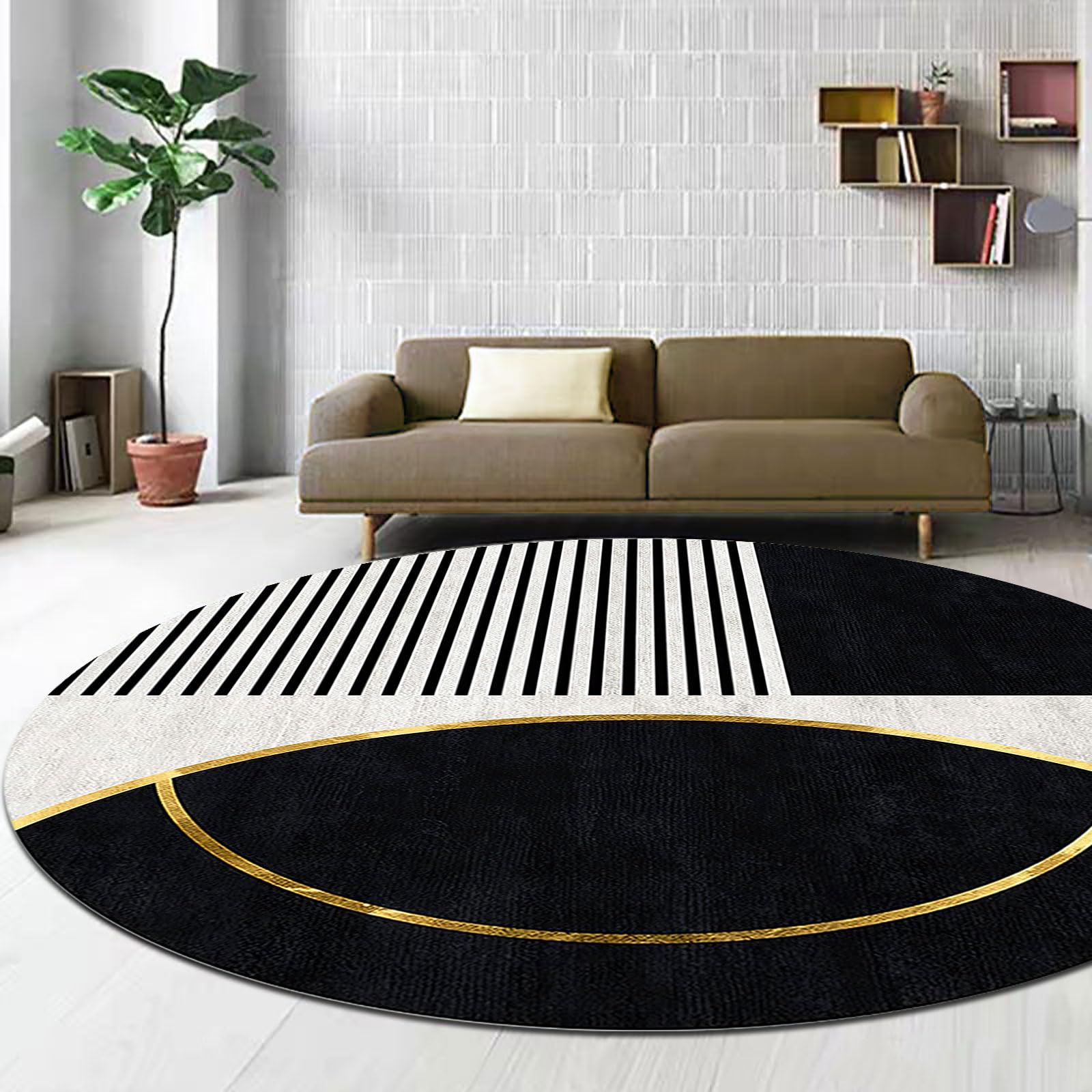 GUGJHFVH Round New Washable Living Room Rug ø 80 cm Non-Slip Accent Rugs Bedroom Dining Room Carpet Soft Short Pile Rug Modern Stripes Black And Gray Stitching