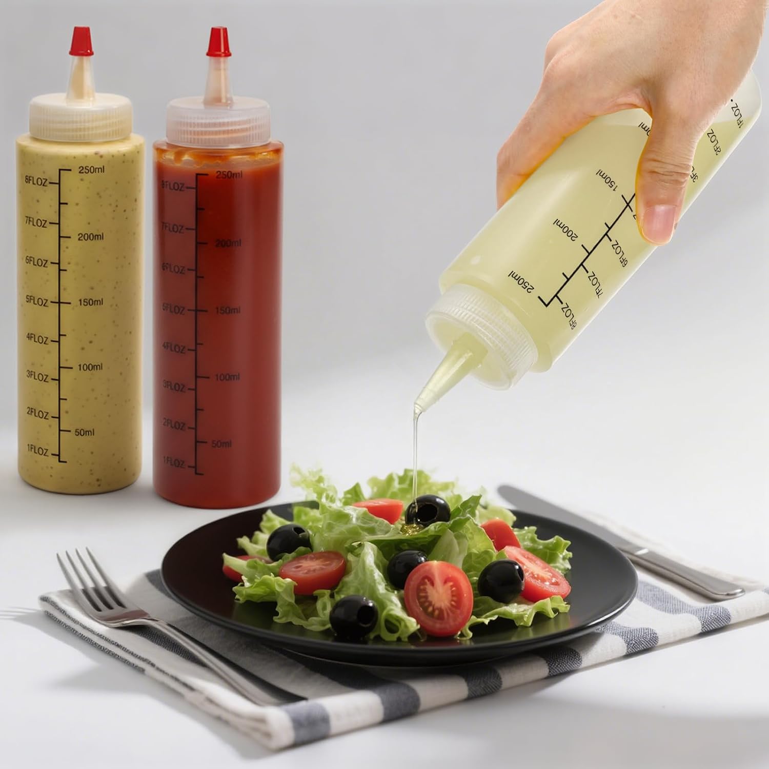 Foraineam 24-Pack 8 oz. (240 ml) Condiment Squeeze Bottles with Red Tip Cap - Durable Plastic Squirt Bottle for Ketchup, Sauces, Syrup, Dressings, Arts & Crafts