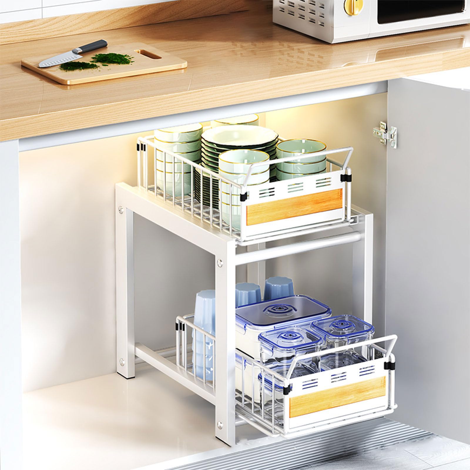 Organizador Bajo Fregadero,Organizador Bajo Fregadero Deslizable,Encimera Organizador Multiuso,Estante de Armario de Cocina o Baño de 2 Niveles,para Especias,Condimentos,Jabones,Frascos
