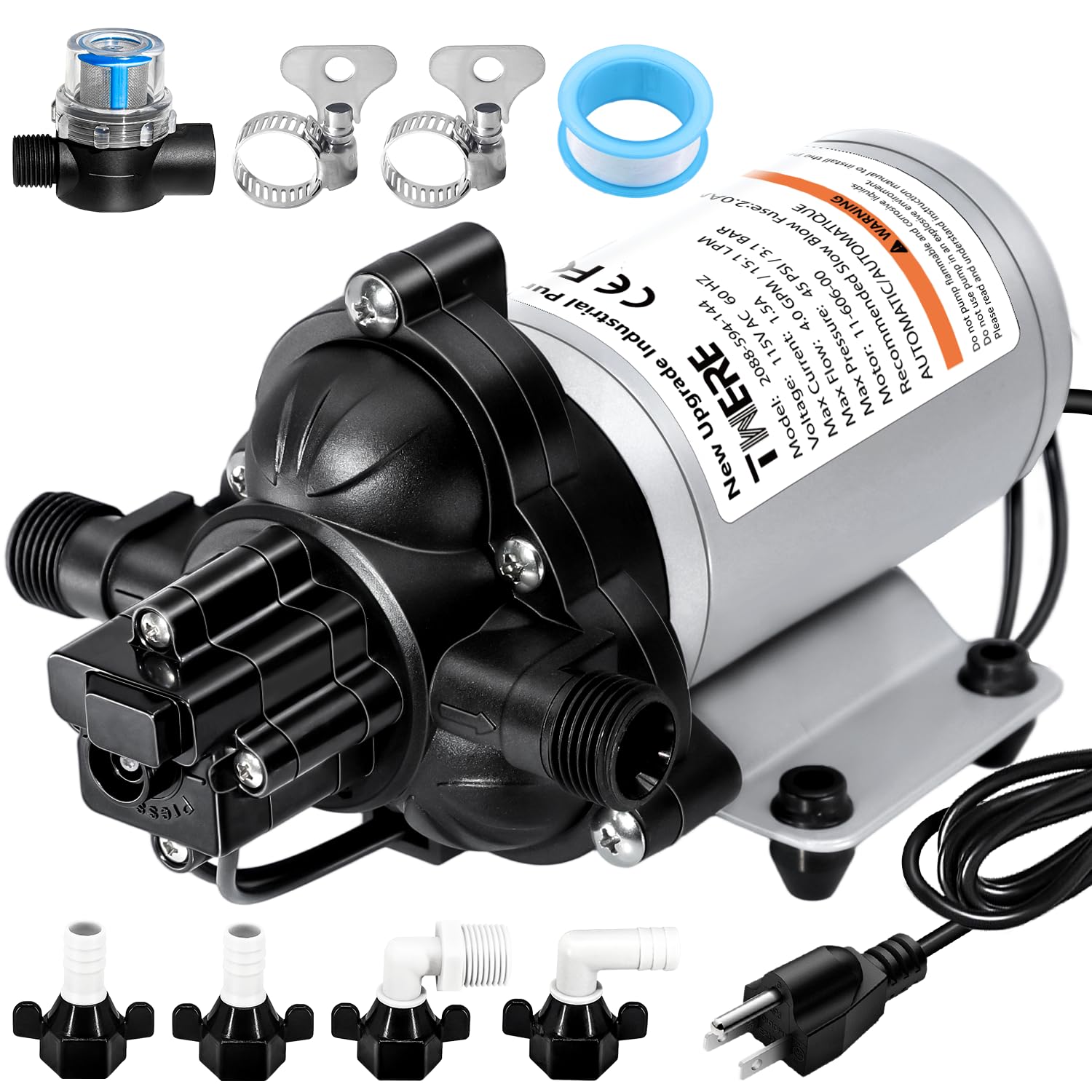 110V/115V AC Fresh Water Pump,4.0GPM 45PSI Self-Priming Pressure Pump with Smart Pressure Switch,Automatic Demand Industrial Pump for High-Flow Transfer,Agriculture Spraying,RV,Boat -With Plug