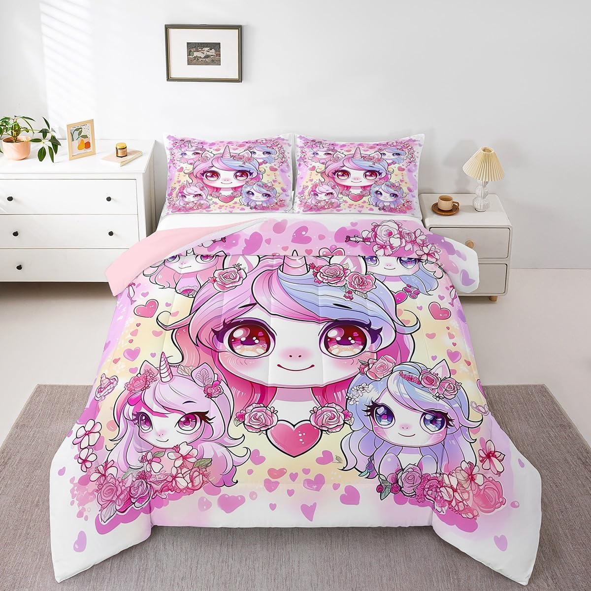 Cute Cat Bedding Comforter Sets Twin,Cartoon Cat with Candy Watercolor Sky Bedding Set for Bedroom Decoration,Dreamy Sweet World Lovely Animal with 1 Comforter and 1 Pillow Case Bedroom Decor