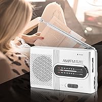 Vista 6 de Mini radio estéreo portátil - AM/FM, funciona con batería, antena telescópica, altavoz grande, conector para auriculares