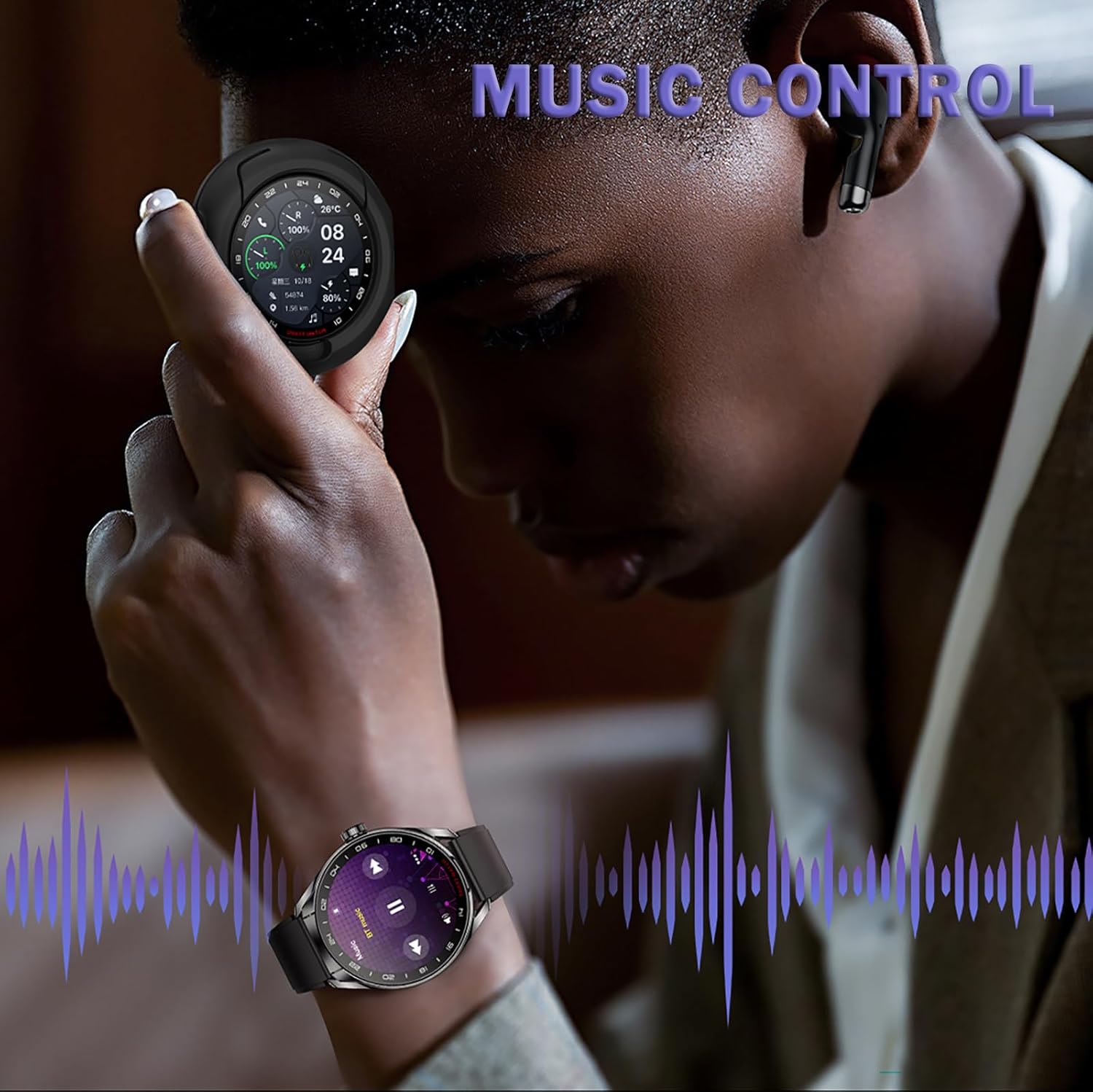 Loluka D9 Smart Watch displaying music control interface with a person listening to music.