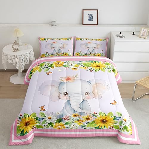 Lindo juego de edredón de elefante, tamaño Queen, juego de ropa de cama de acuarela girasoles florales y mariposas para mujeres adultas, inserto de