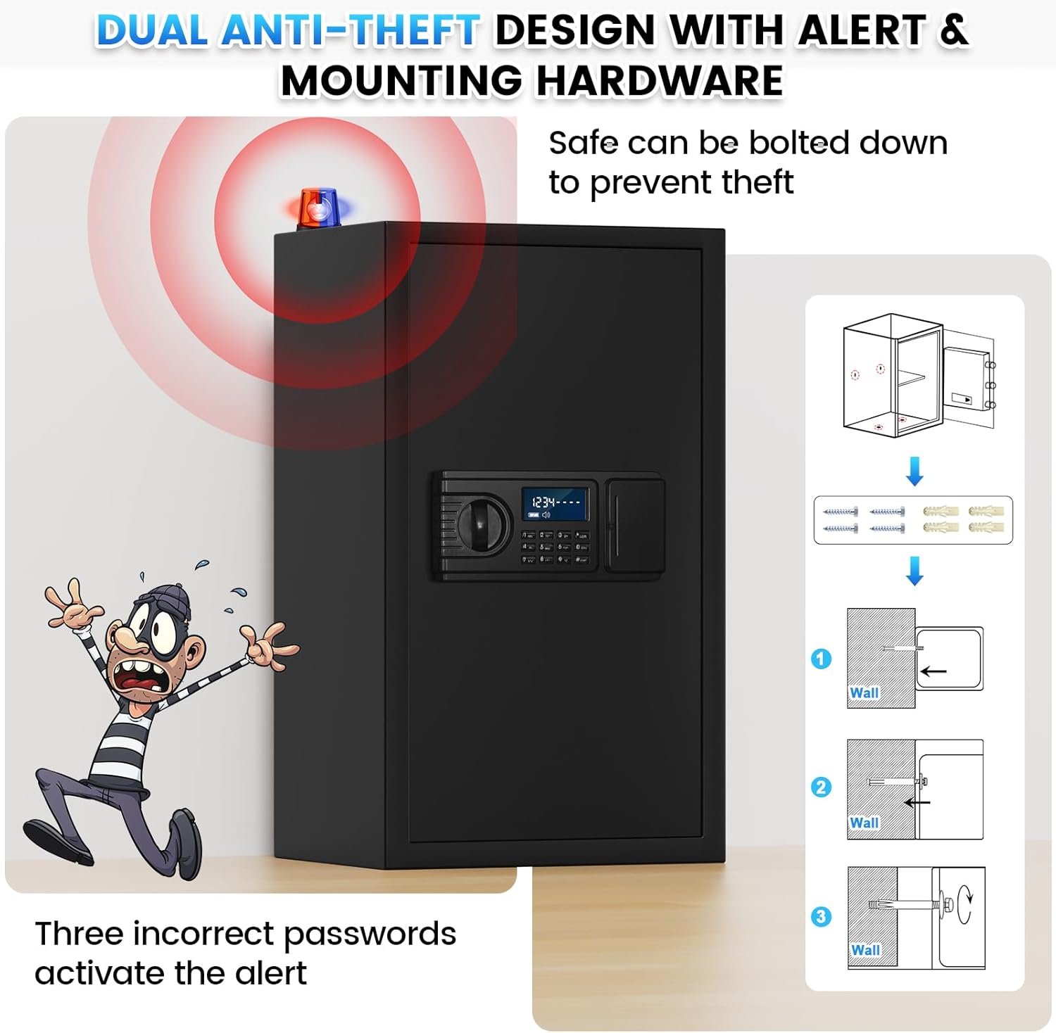 Diagram illustrating how to bolt the safe to a wall using the pre-drilled holes and included mounting hardware.