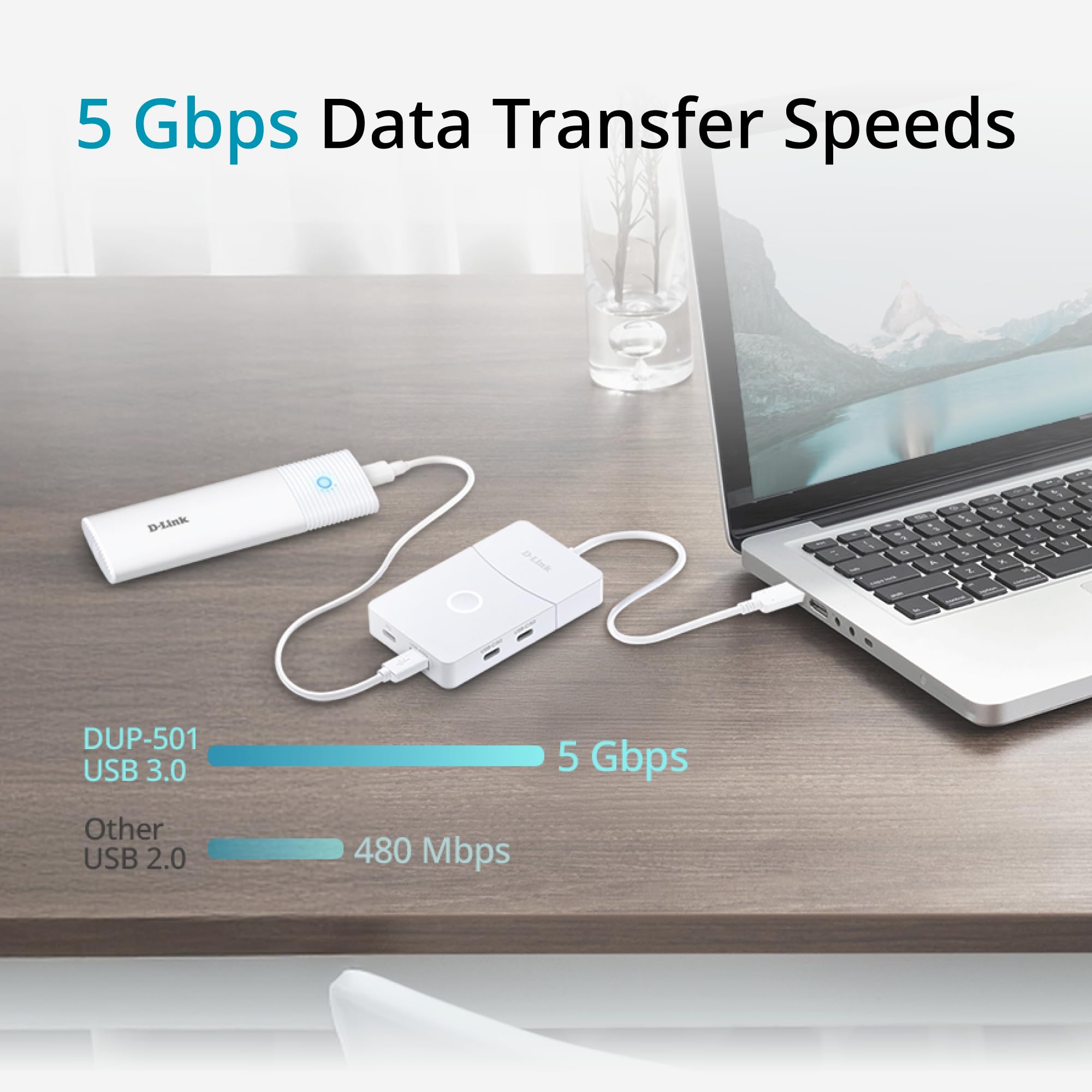 D-Link DUP-501 Hub USB-C 5-en-1 avec HDMI sans Fil, HDMI 4K 2.0, Affichage sans Fil 1080p, Charge USB-C PD 100W, Ports USB 3.0, Plug & Play pour Windows, macOS et Android